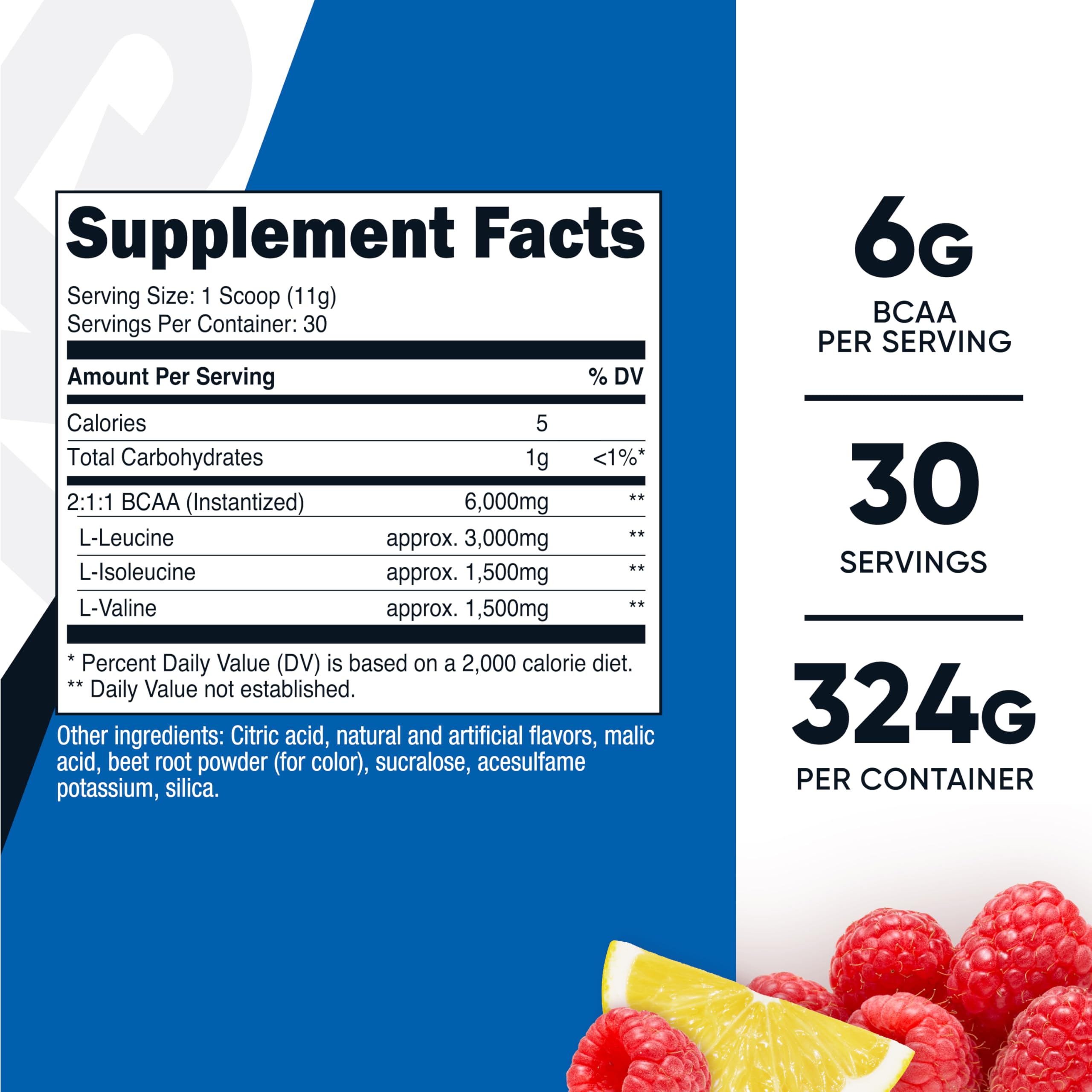 Nutricost BCAA Powder Raspberry Lemonade packaging side view