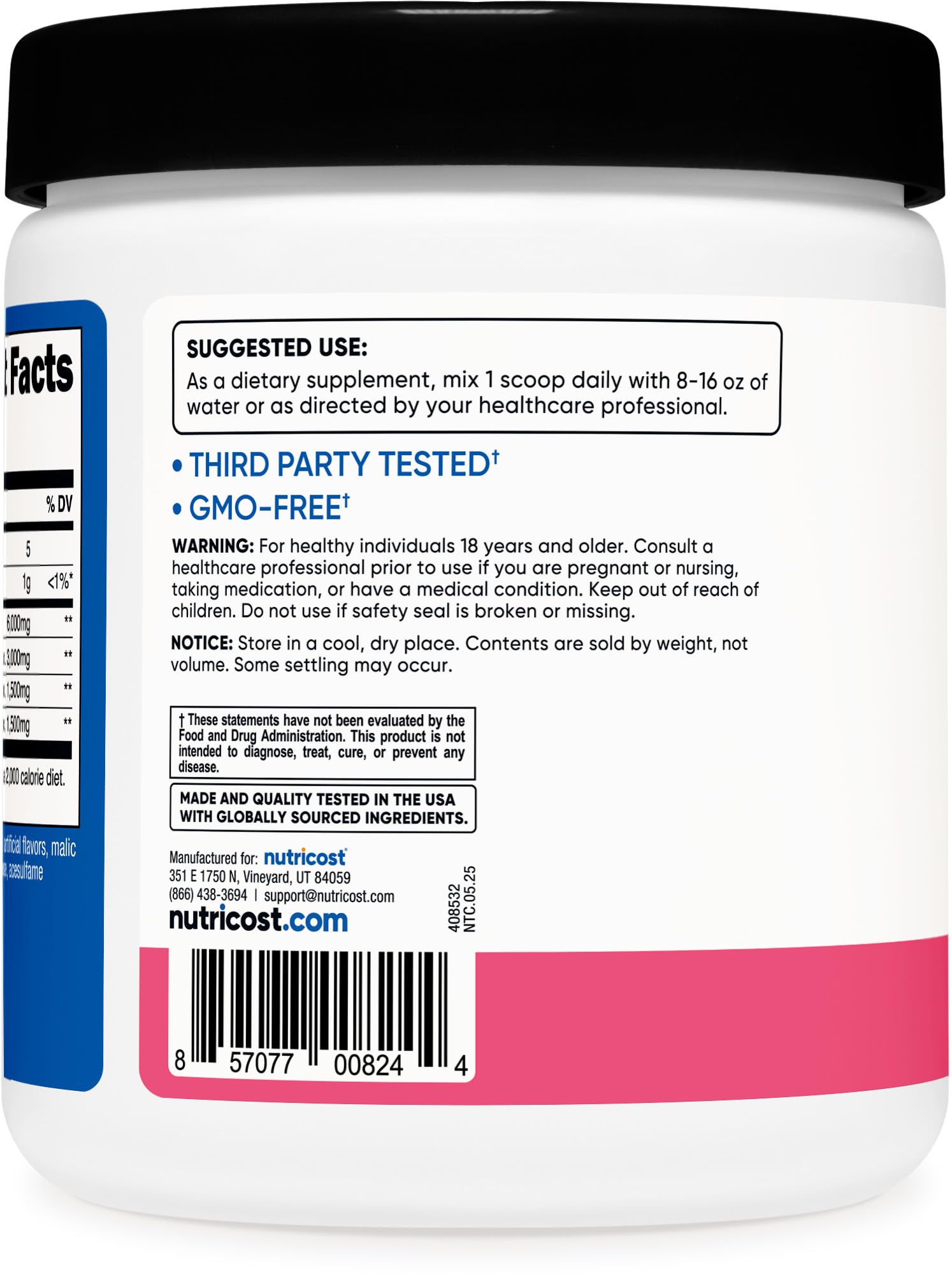 Nutricost BCAA Powder Raspberry Lemonade scoop with powder