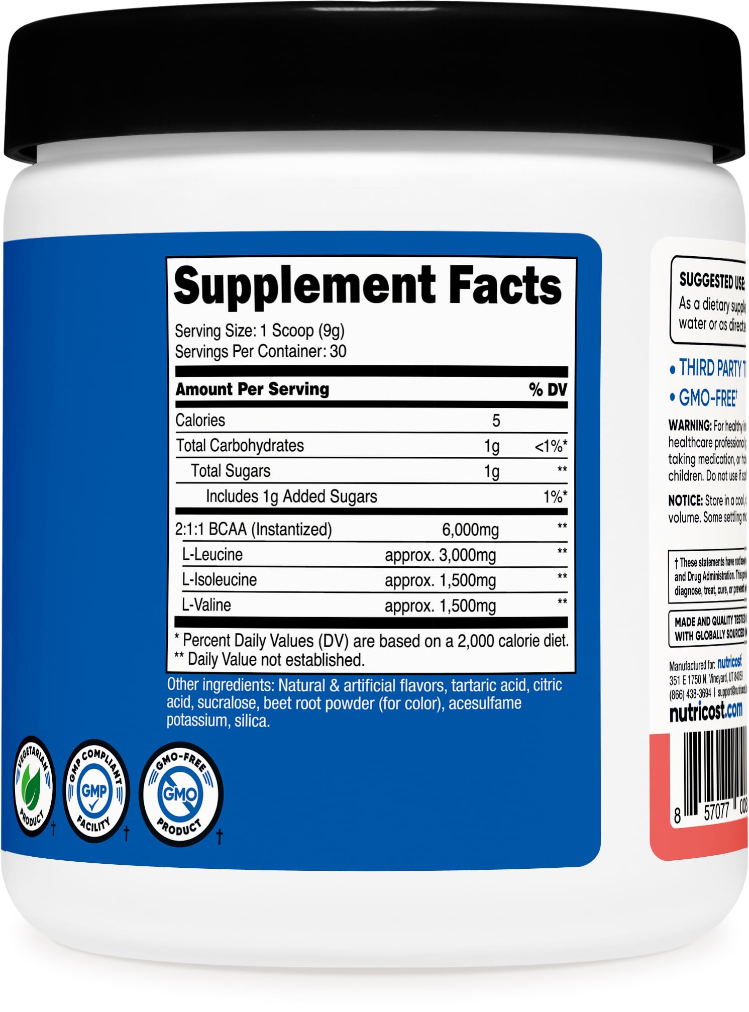 Nutricost BCAA Powder side view of container