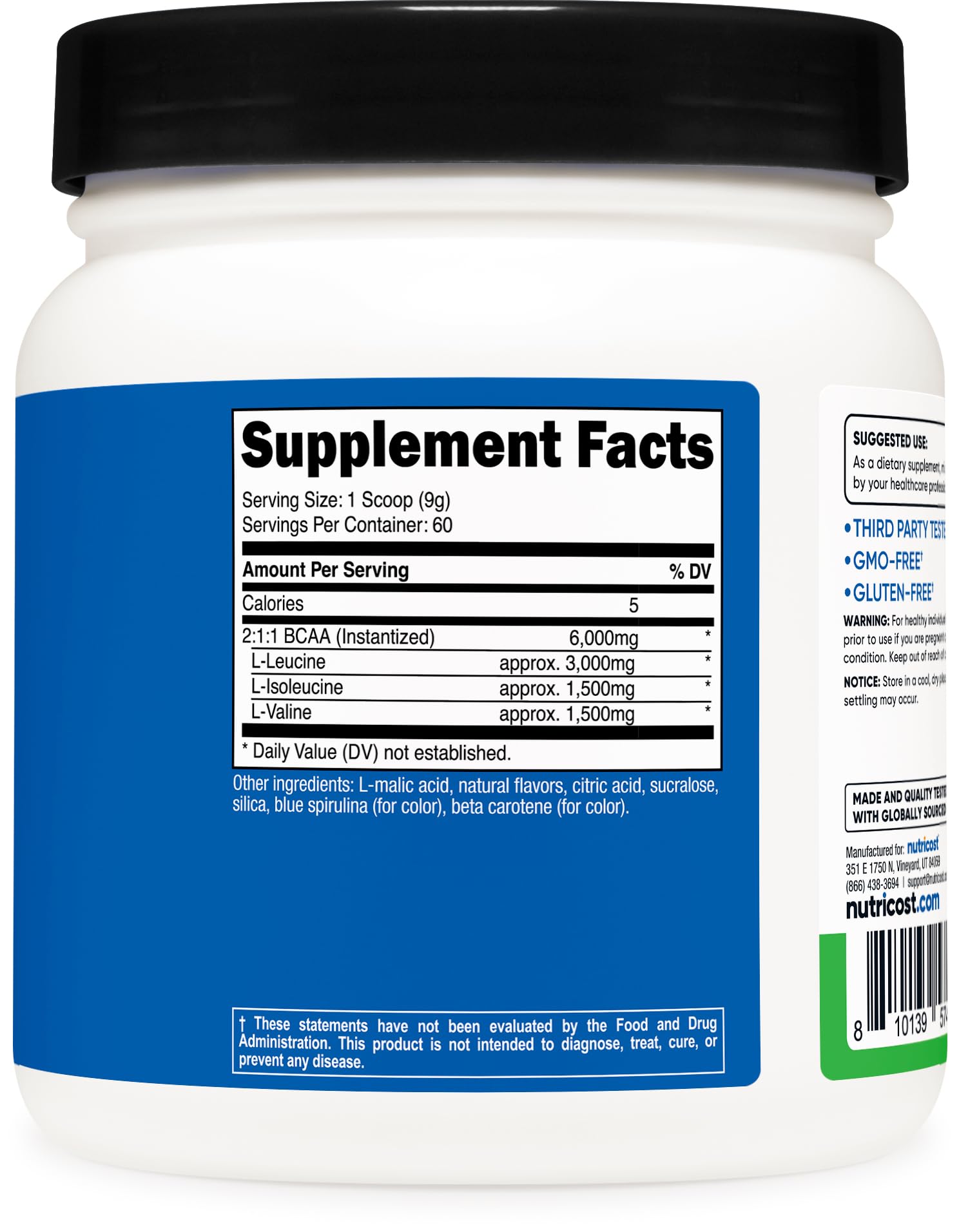 Nutricost BCAA Powder Sour Green Apple container with gym accessories