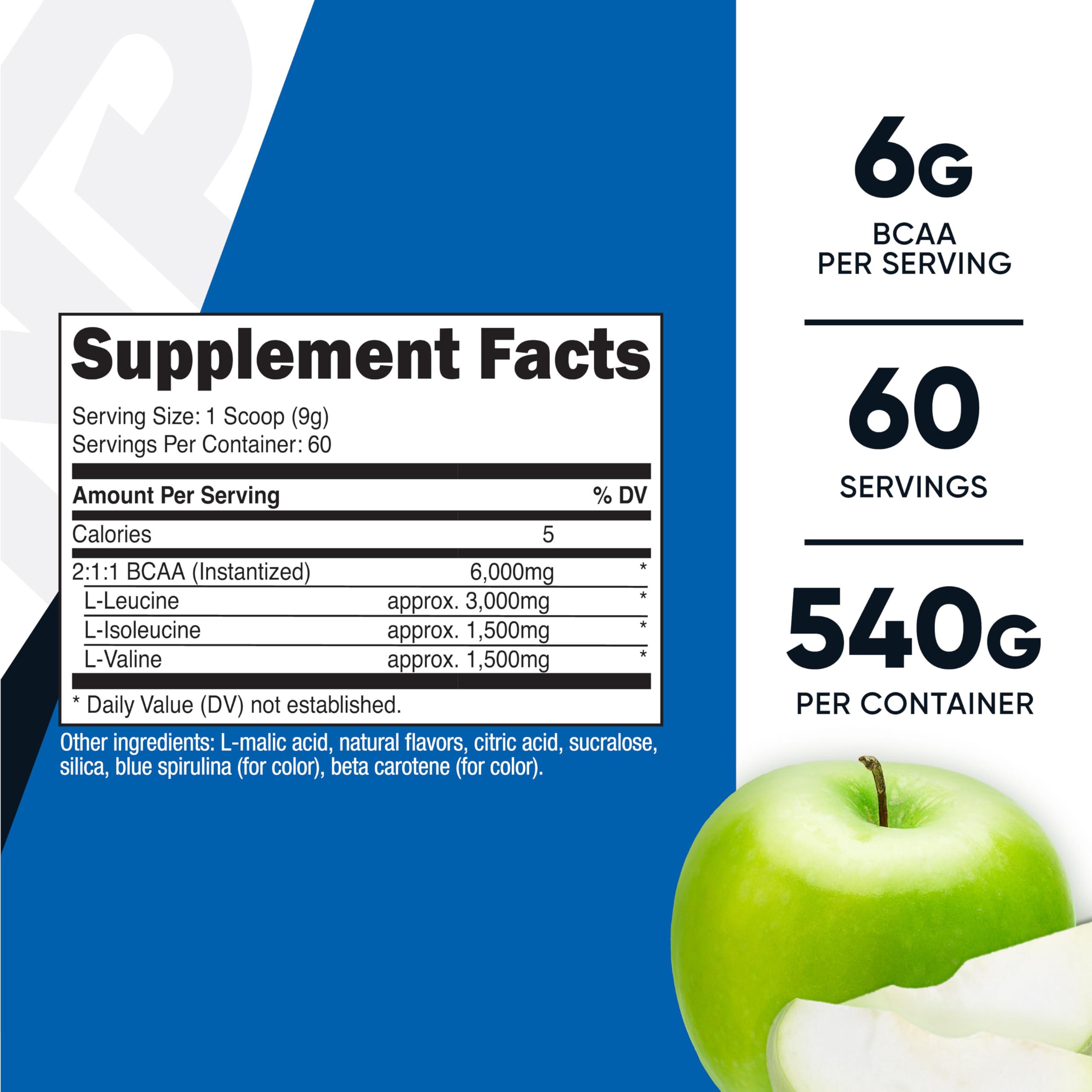 Nutricost BCAA Powder Sour Green Apple nutritional information