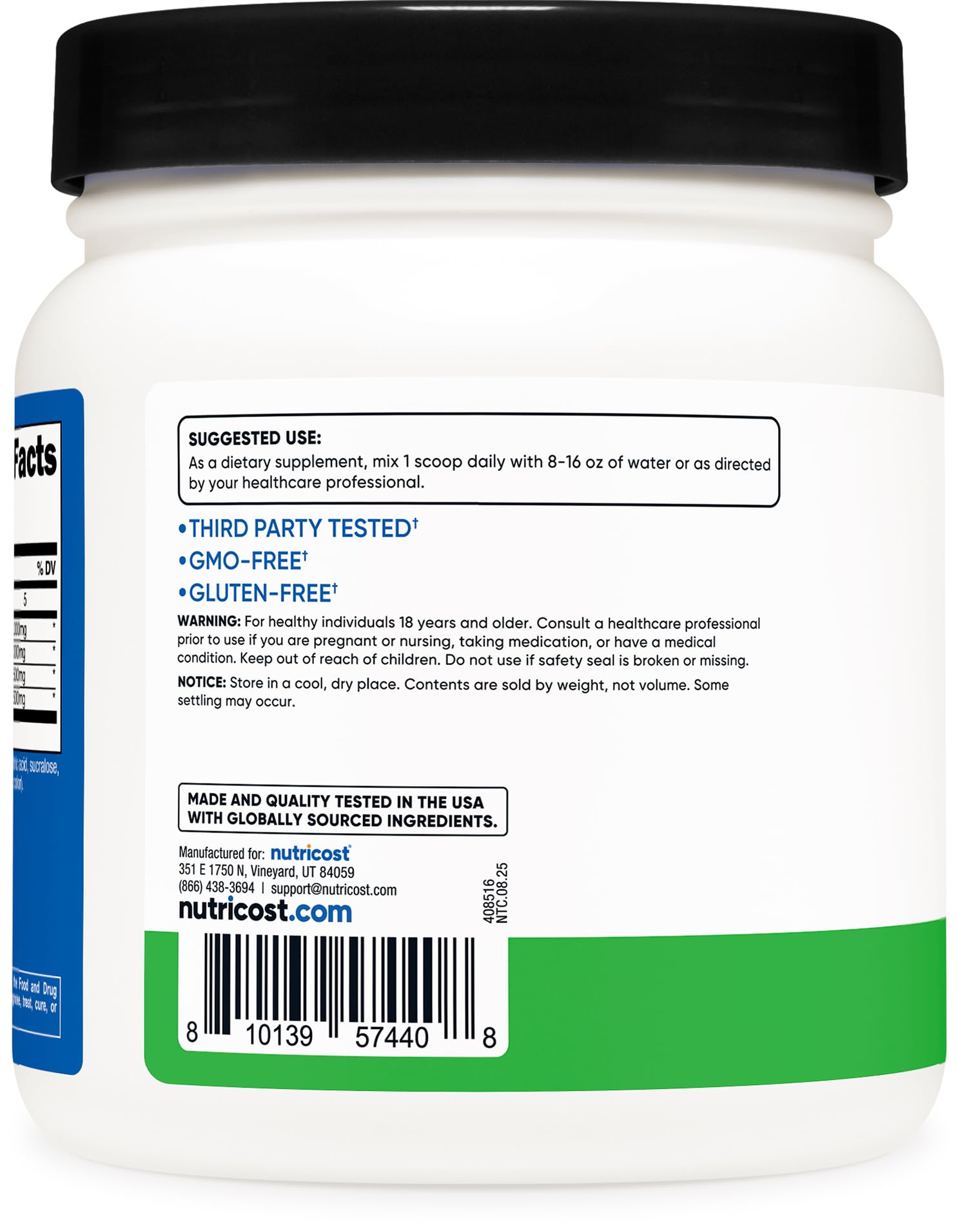Nutricost BCAA Powder Sour Green Apple scoop with powder