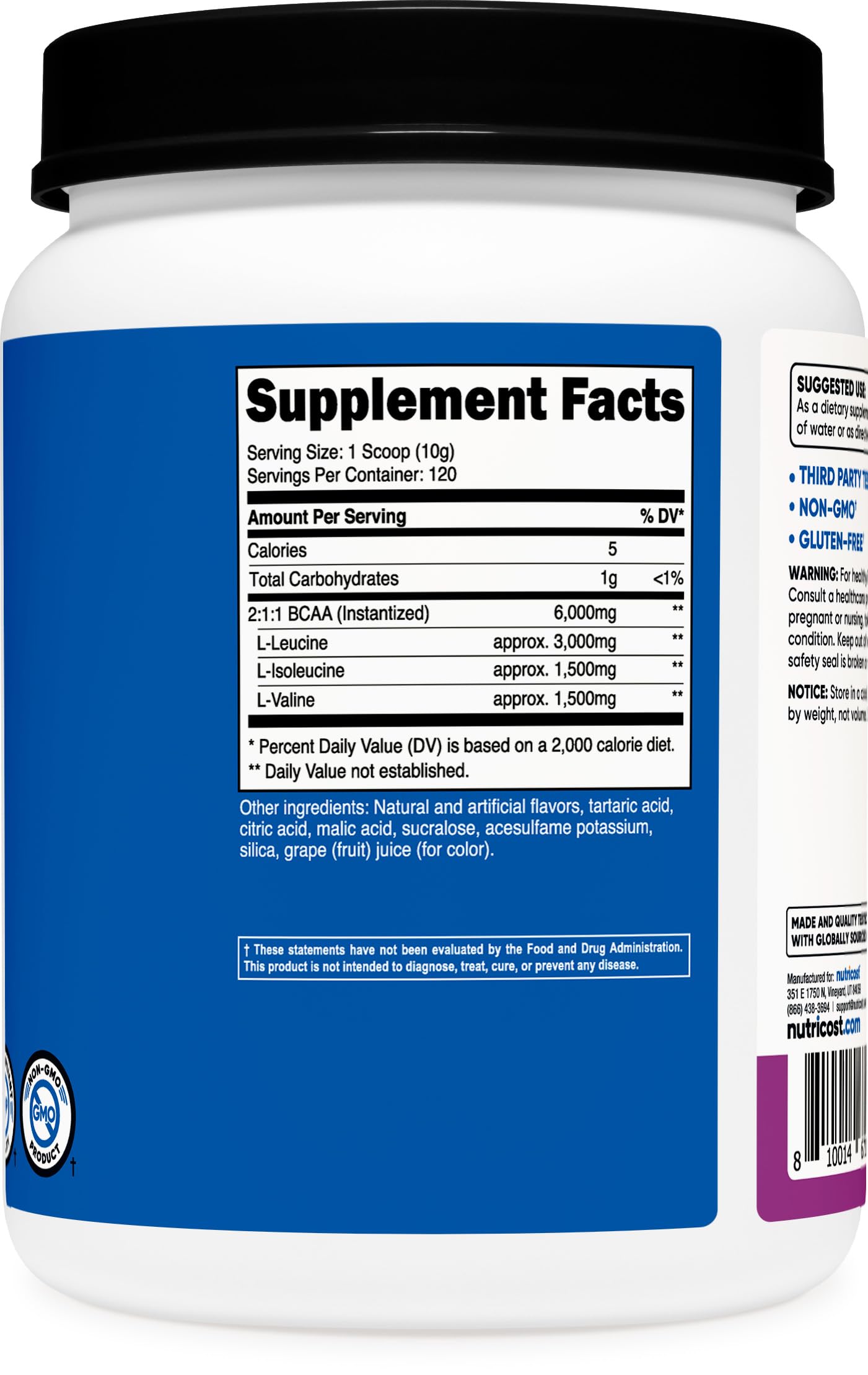 Nutricost BCAAs 1243g unflavoured powder nutritional information