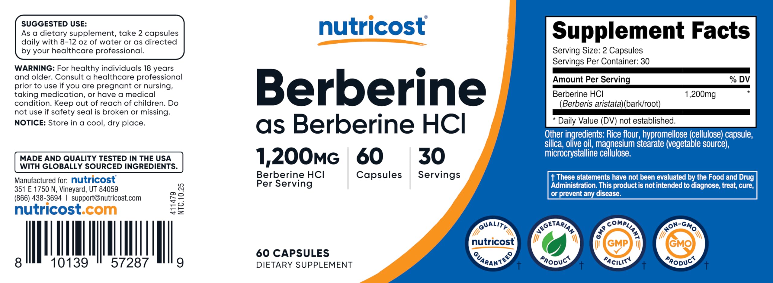 Nutricost Berberine HCl 1200mg nutrition facts