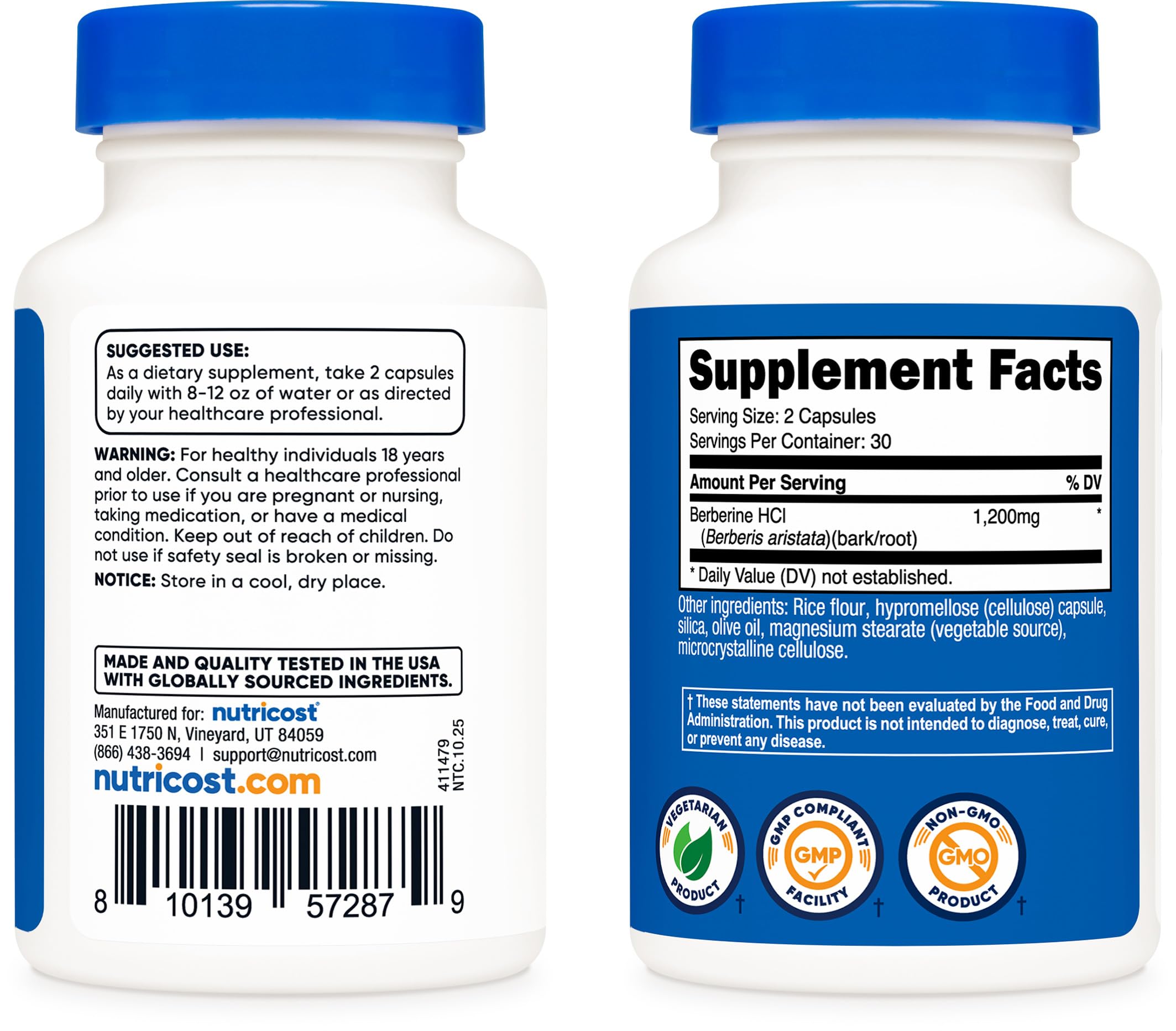 Nutricost Berberine HCl 1200mg vegetarian capsules on table