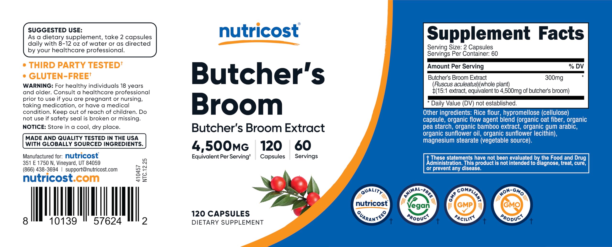 Nutricost Butcher's Broom Extract Capsules 300mg displayed with other supplements