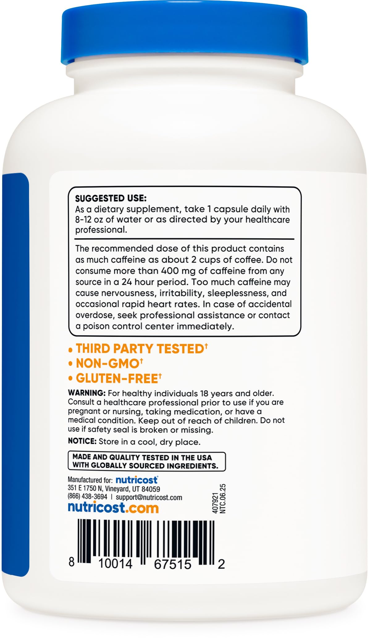 Nutricost Caffeine Capsules 200mg on a wooden table
