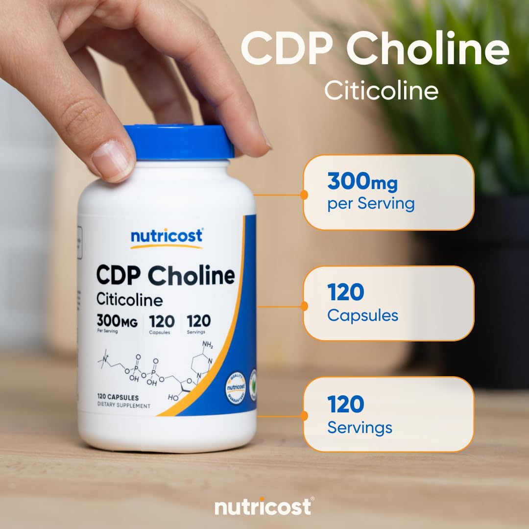 Nutricost CDP Choline Capsules 300mg bottle with a measuring spoon