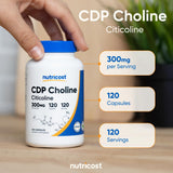 Nutricost CDP Choline Capsules 300mg bottle with a measuring spoon