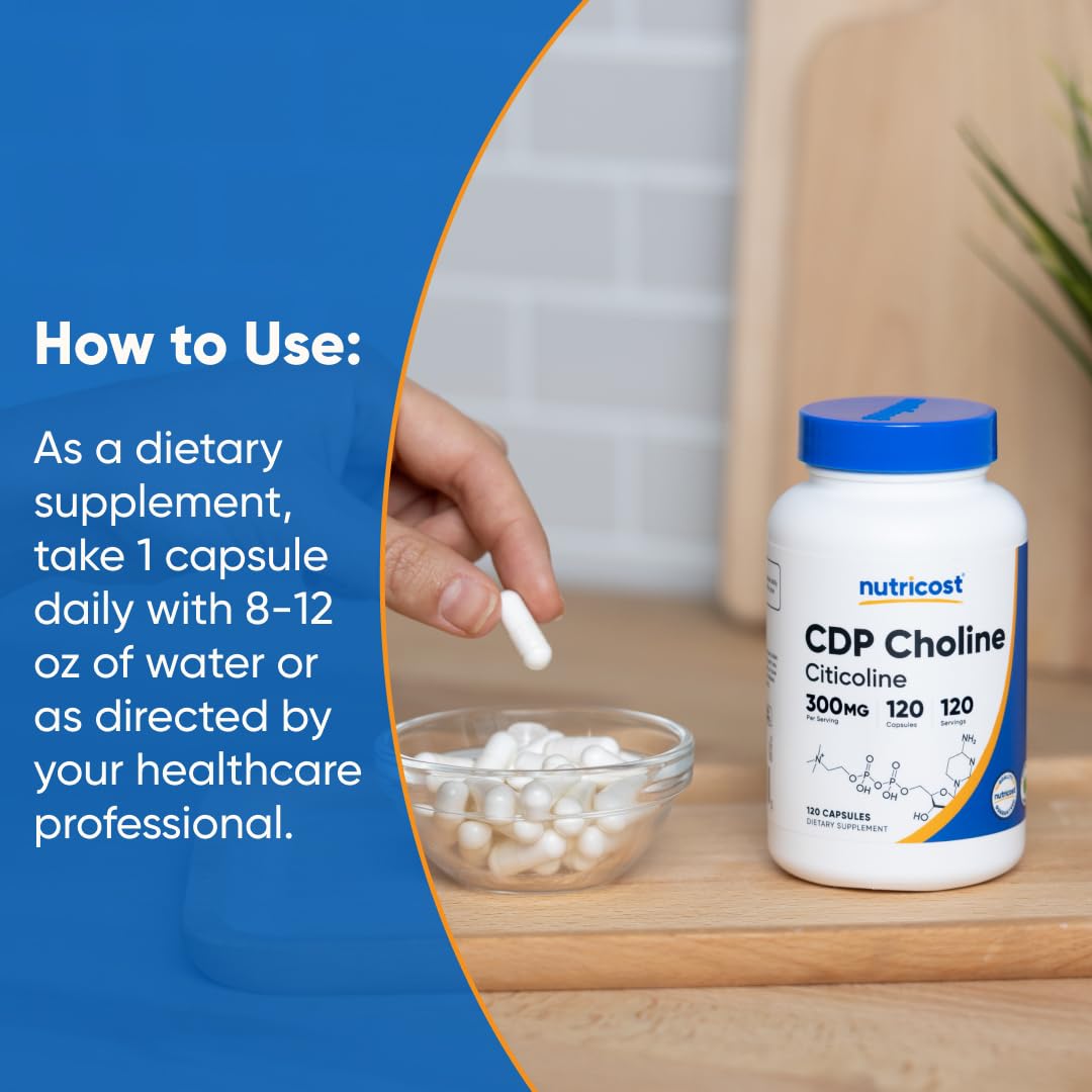 Nutricost CDP Choline Capsules 300mg lifestyle scene with supplements