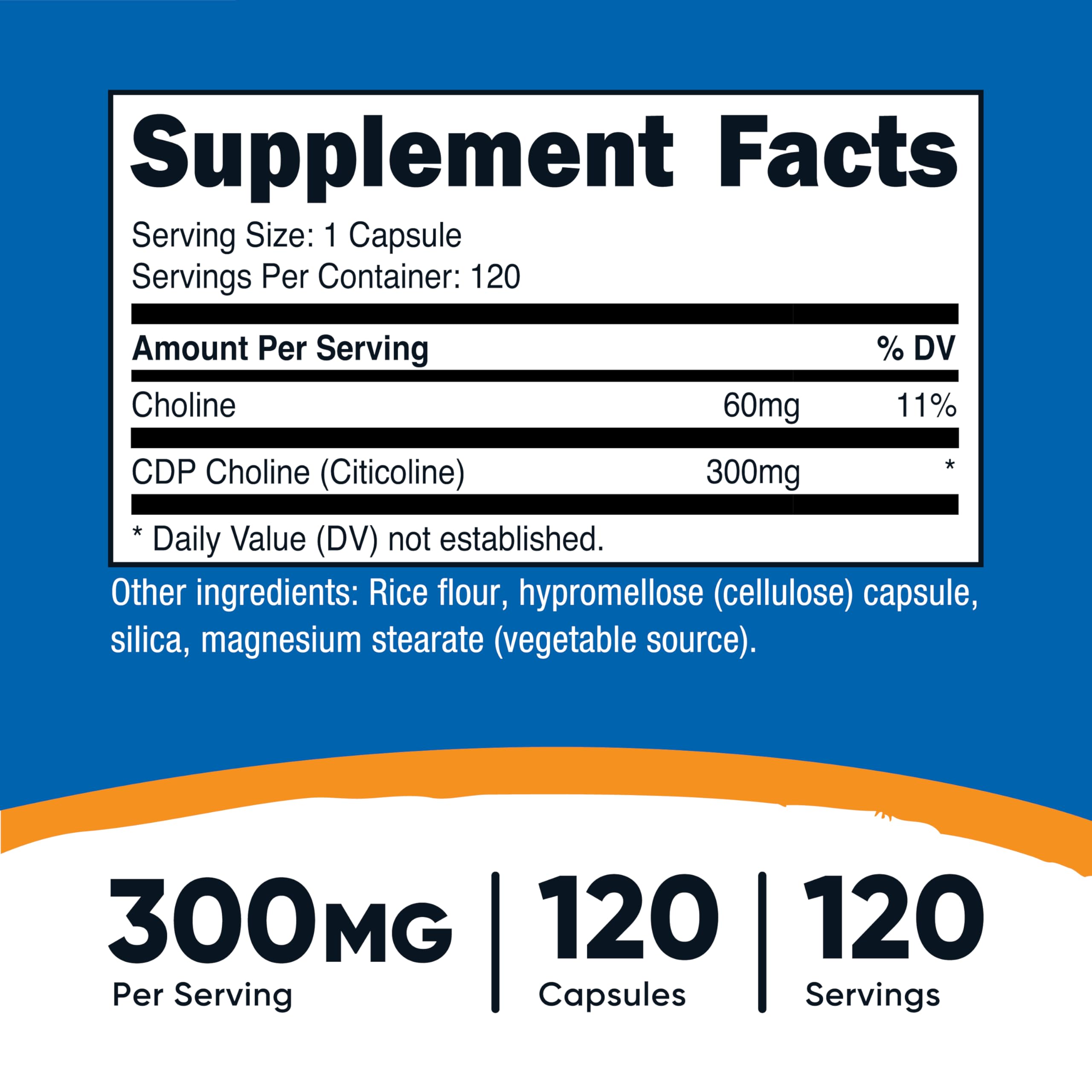 Nutricost CDP Choline Capsules 300mg side view with label