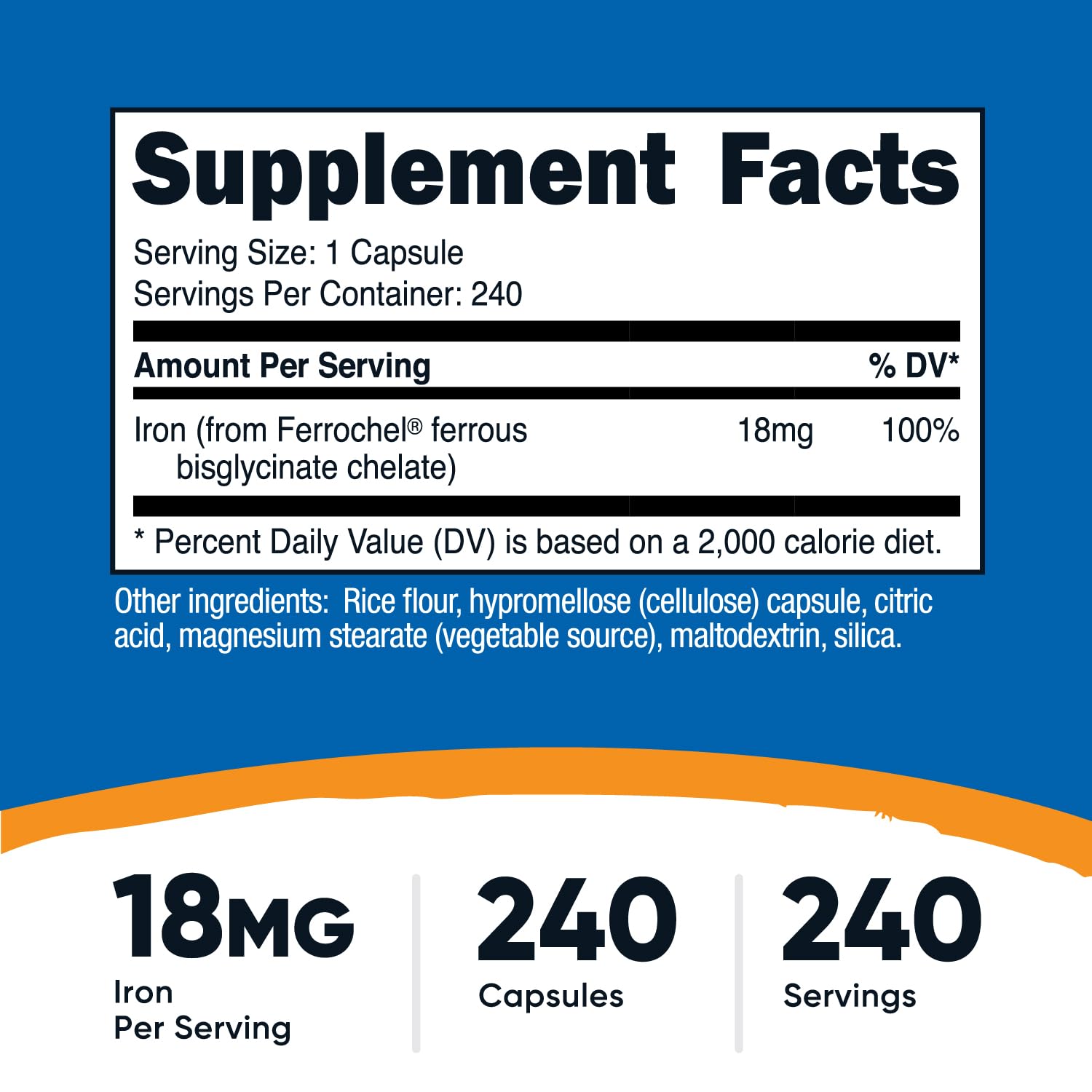 Nutricost Chelated Iron 240 count bottle side view