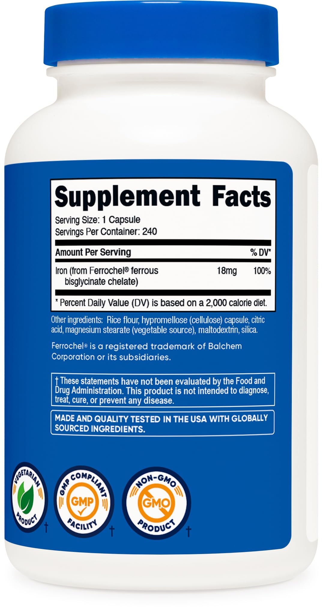 Nutricost Chelated Iron capsules on a wooden table