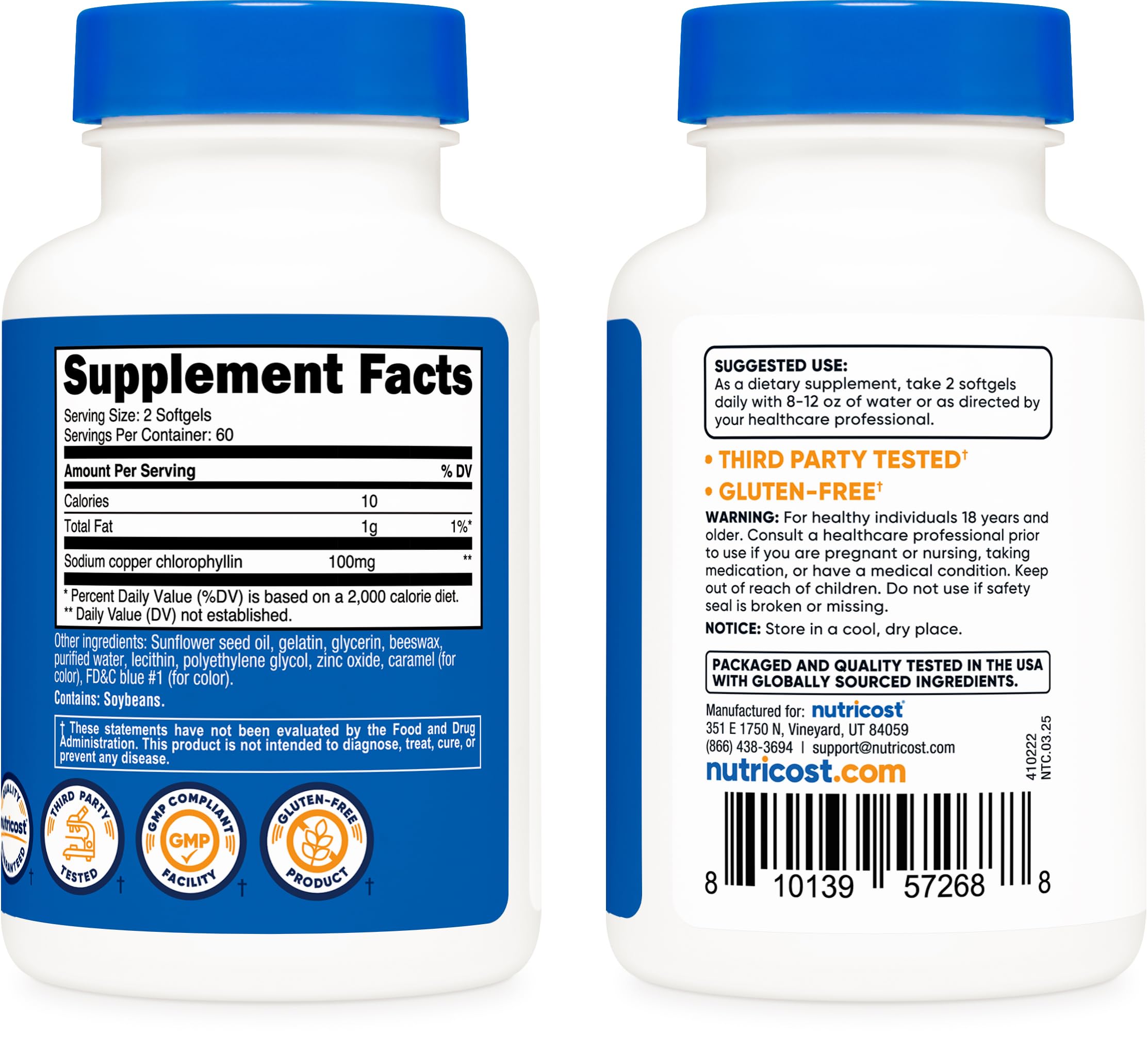Nutricost Chlorophyll Softgels 100mg bottle with softgels on a table