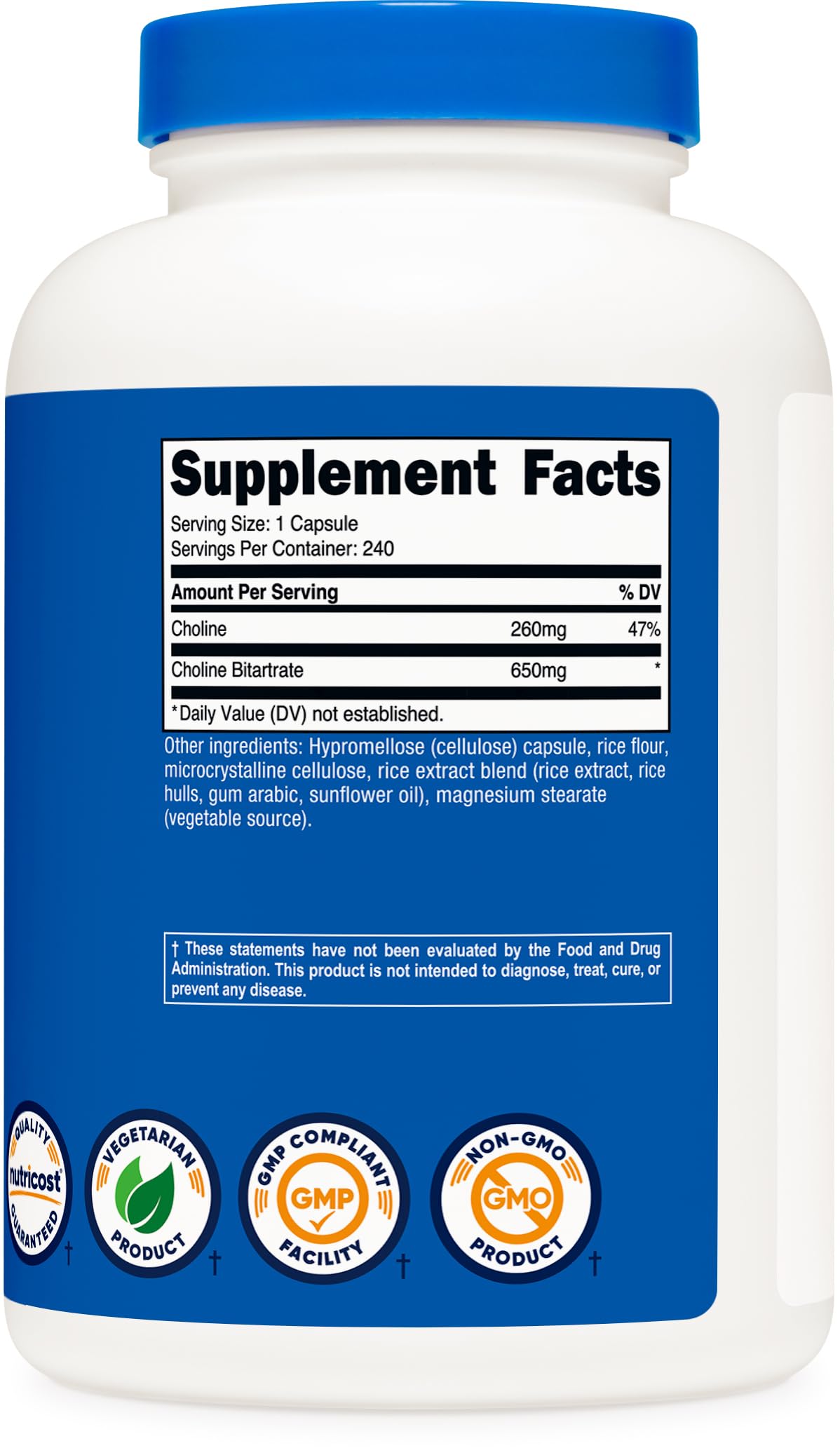 Nutricost Choline Bitartrate 650mg side view of the bottle
