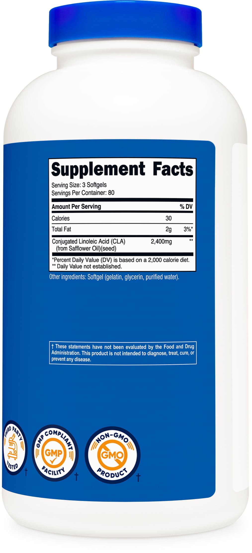 Nutricost CLA Softgel Capsules 800mg displayed with a measuring spoon