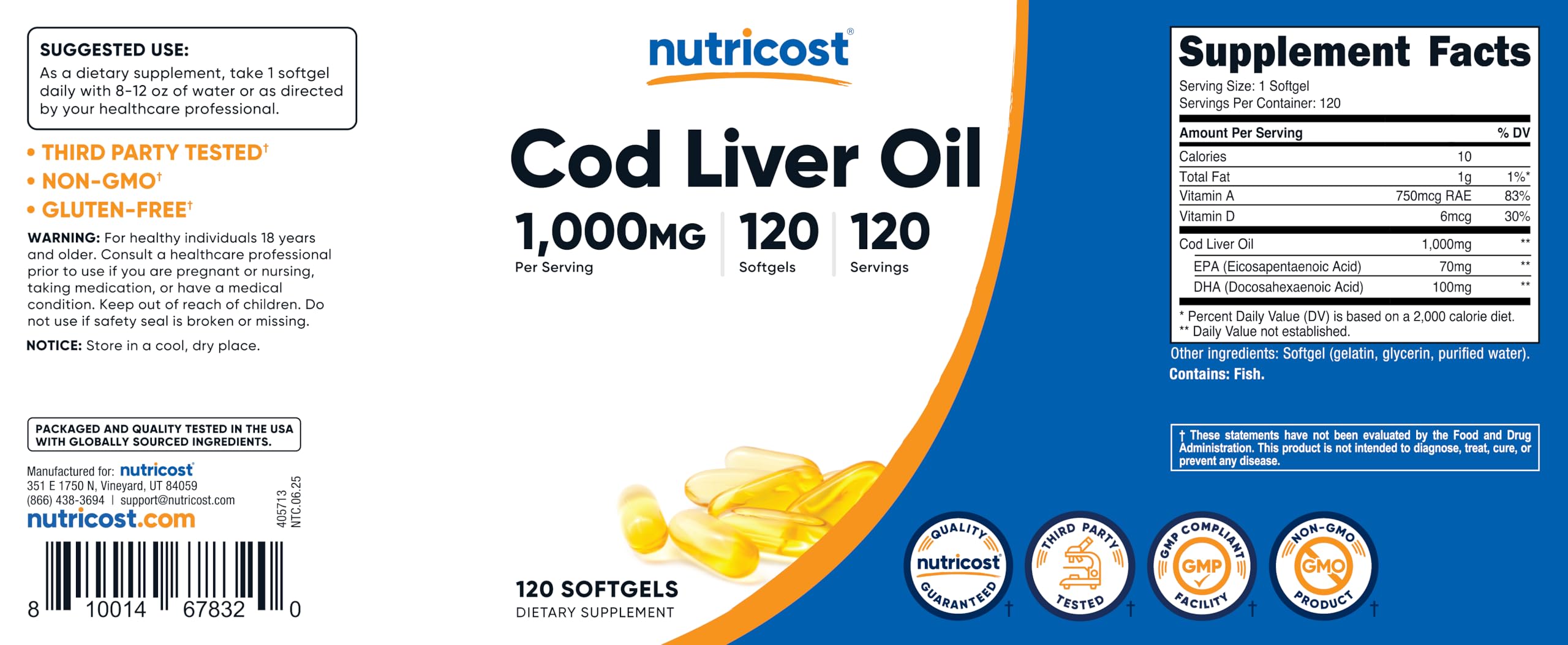 Nutricost Cod Liver Oil Softgels 1000mg with measuring spoon