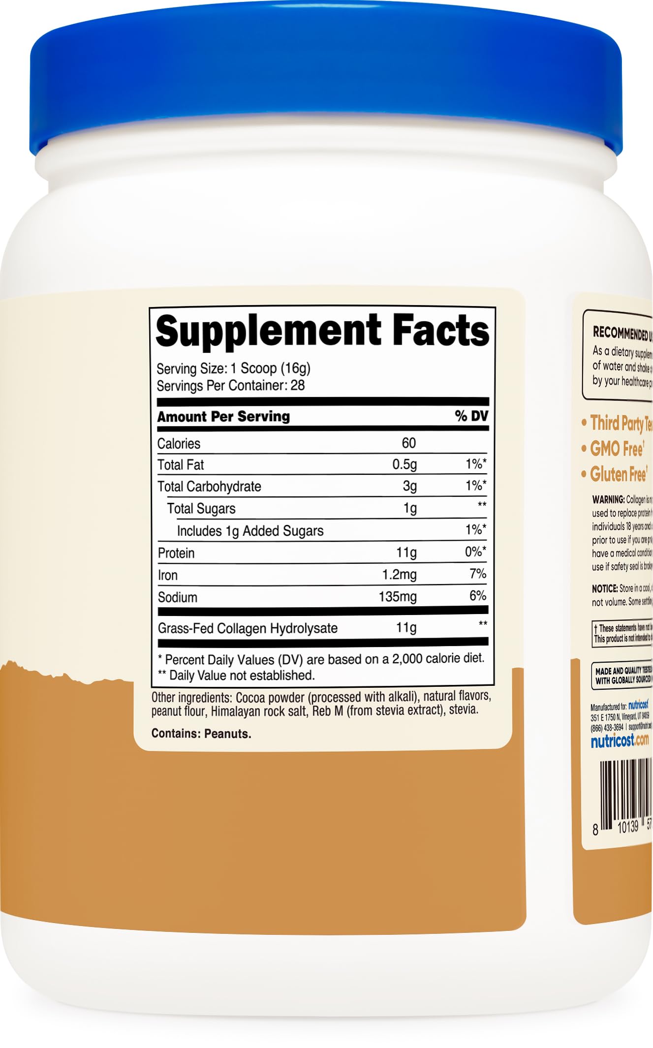 Nutricost Collagen Peptides Chocolate Peanut Butter bottle on a kitchen counter