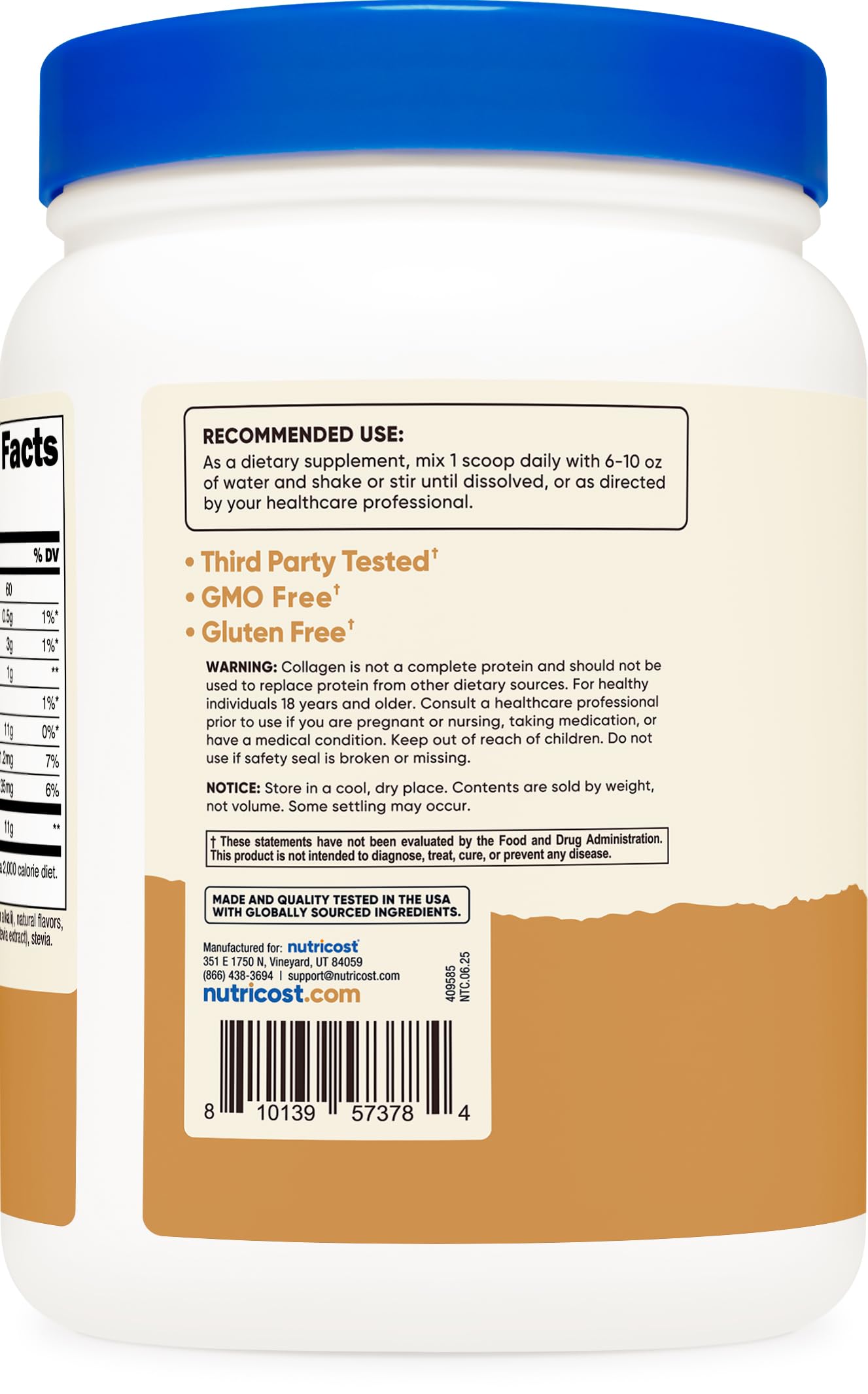 Nutricost Collagen Peptides Chocolate Peanut Butter with ingredients