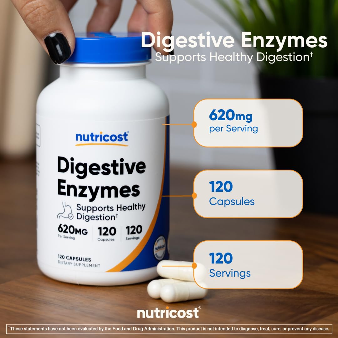 Nutricost Complete Full-Spectrum daily Enzyme Supplement displayed with a measuring spoon