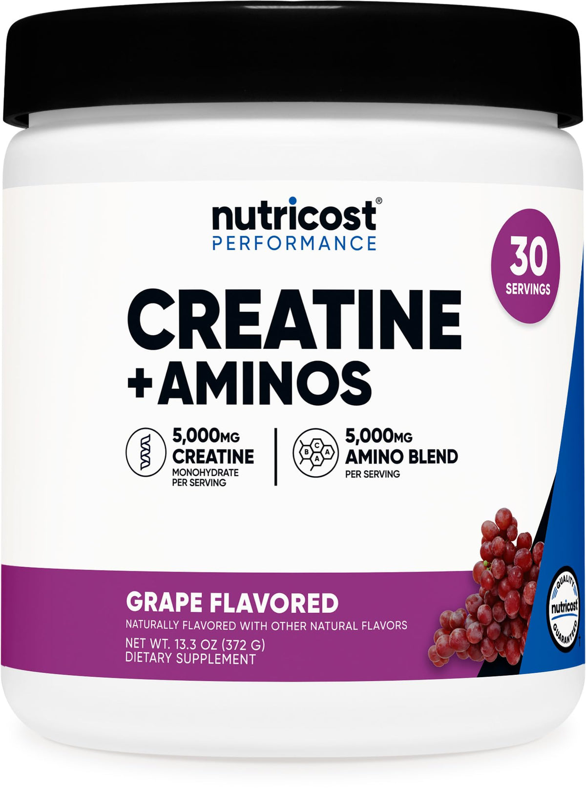 Nutricost Creatine + Aminos front view with grape flavour label