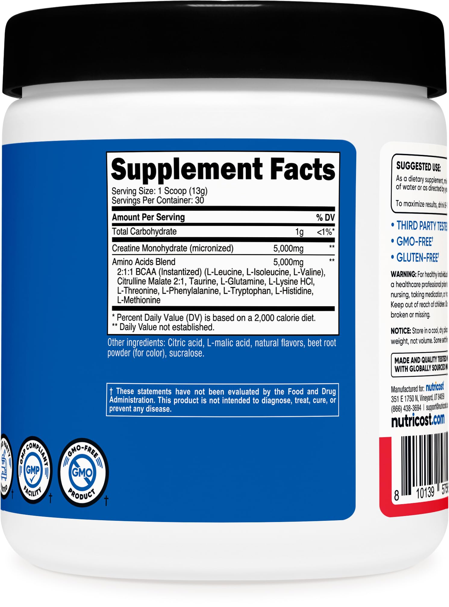 Nutricost Creatine + Aminos Fruit Punch nutrition facts