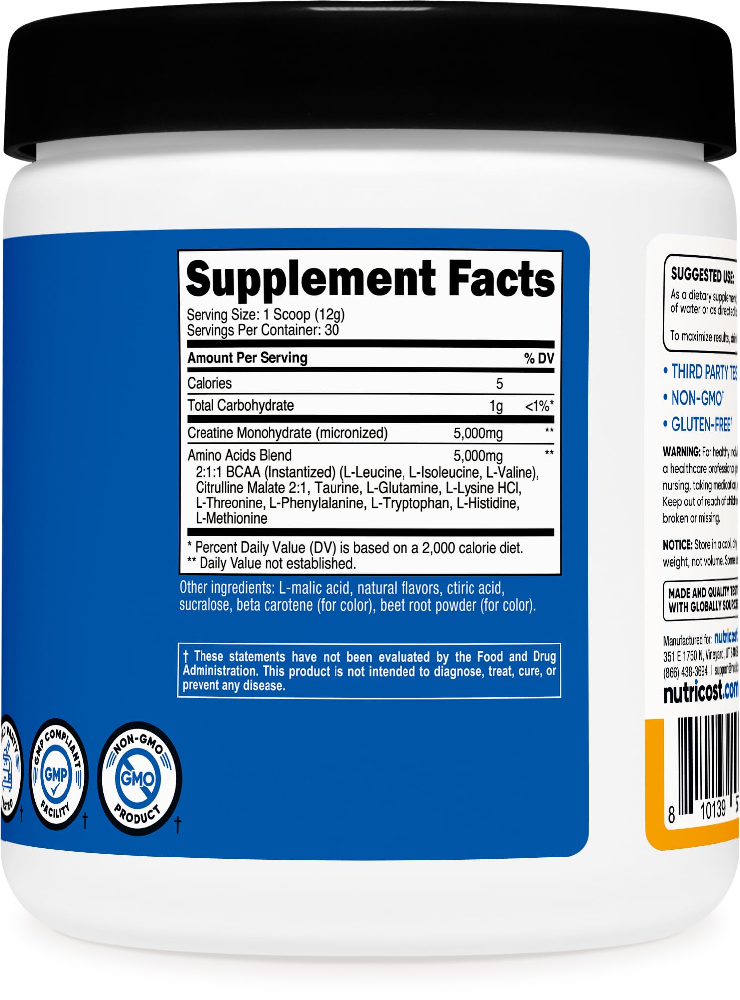 Nutricost Creatine + Aminos Peach Mango nutritional information