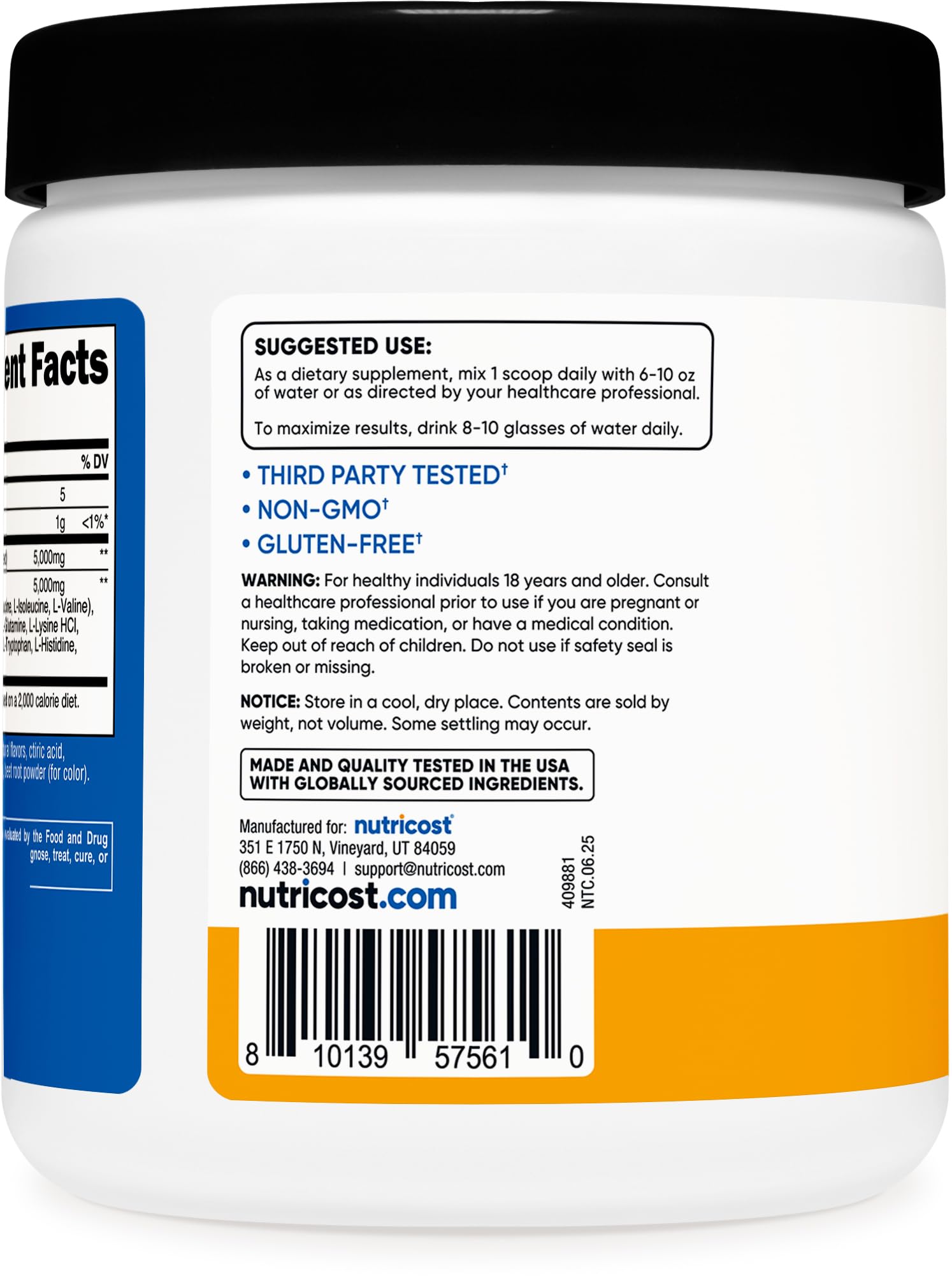 Nutricost Creatine + Aminos Peach Mango scoop with powder