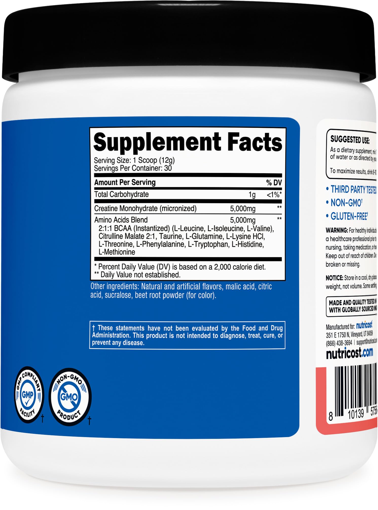 Nutricost Creatine + Aminos Watermelon flavour container on a gym bench
