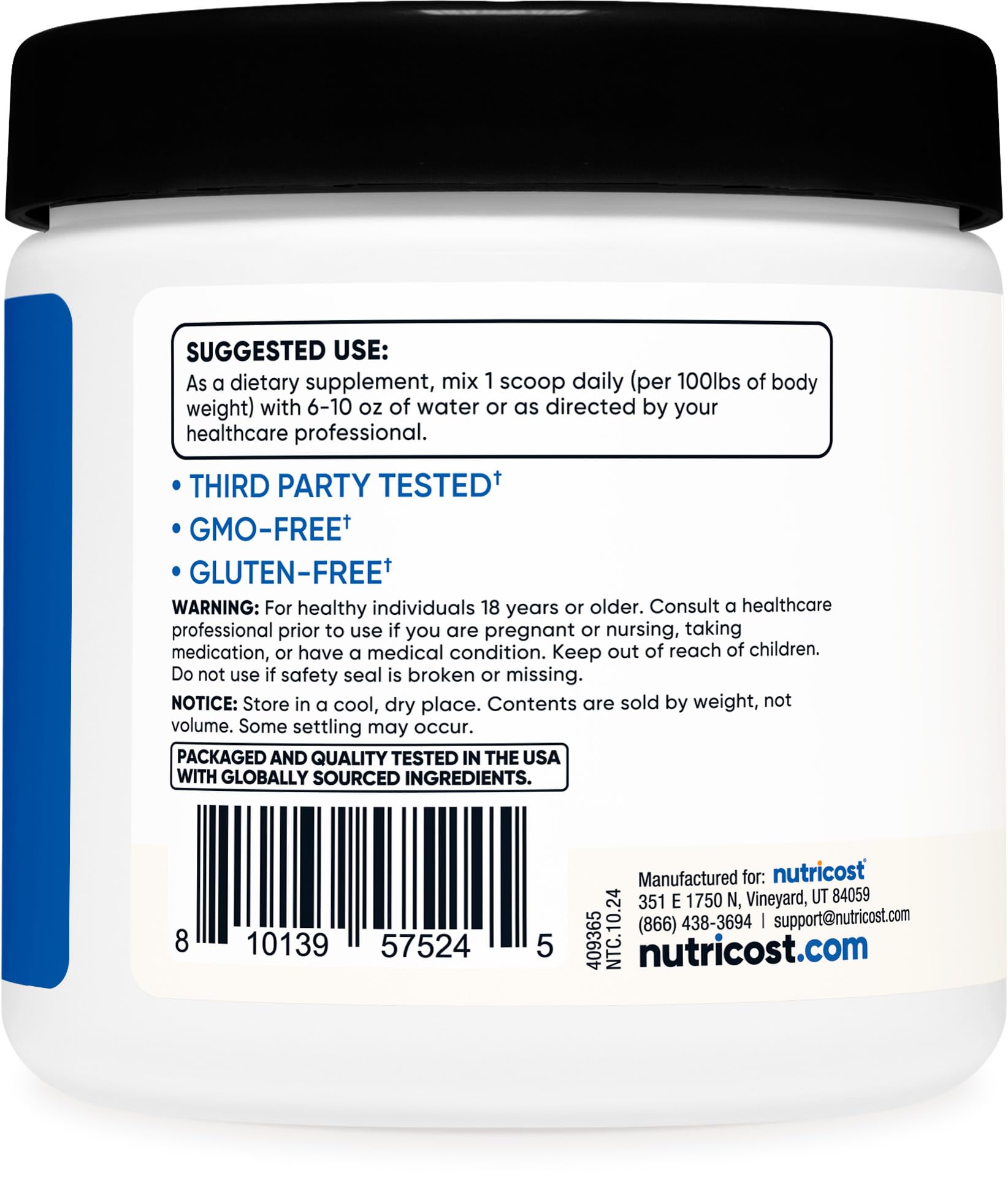 Nutricost Creatine HCl packaging with nutritional information