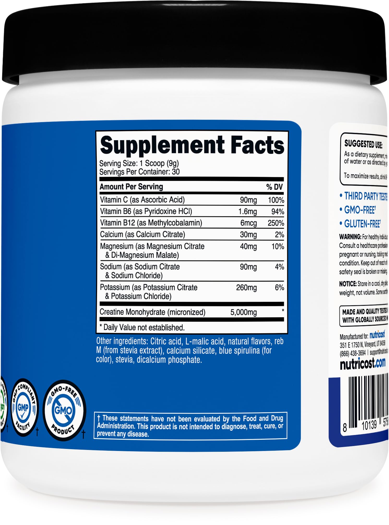 Nutricost Creatine Monohydrate 5000mg Blue Raspberry scoop with powder