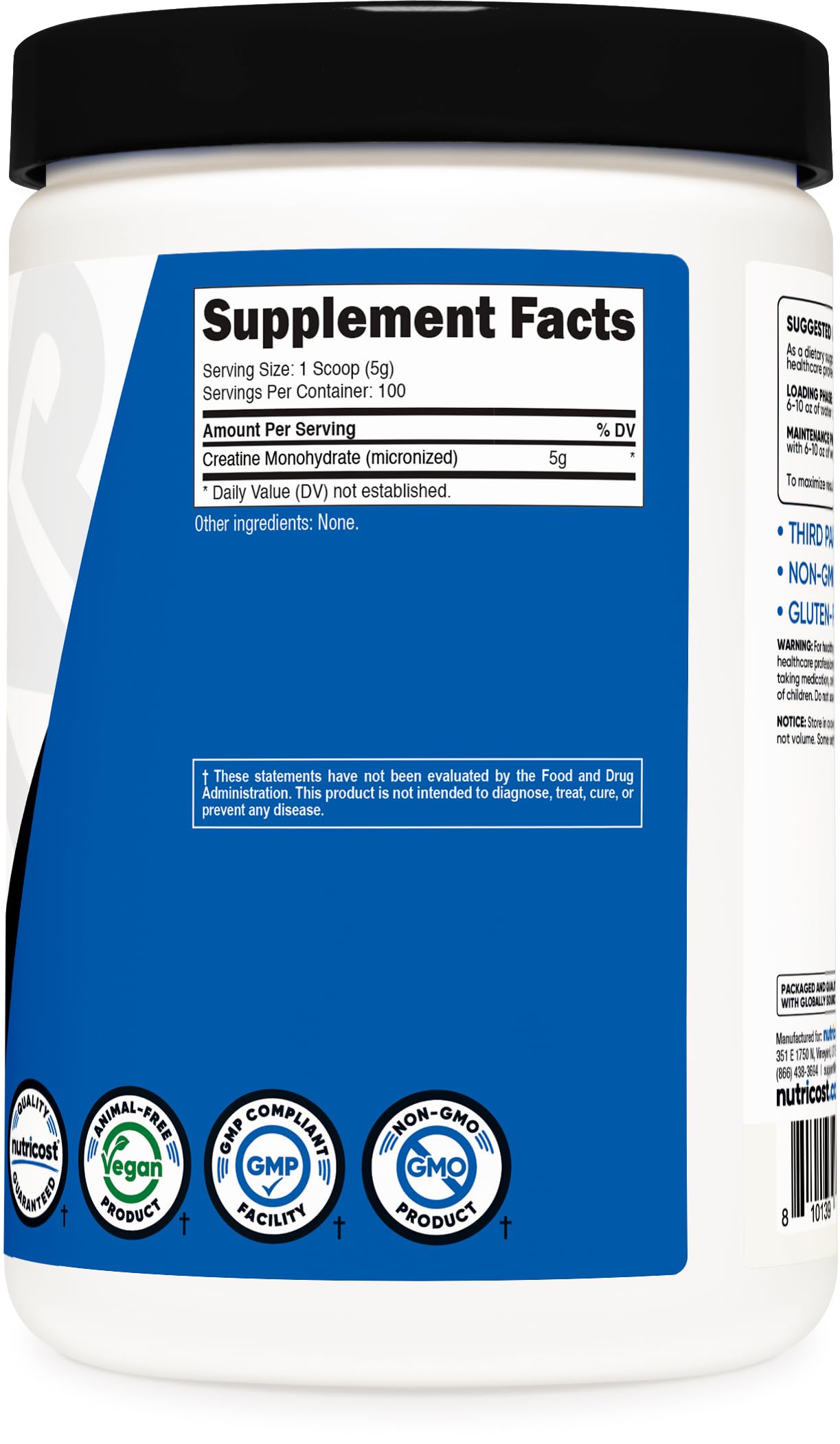 Nutricost Creatine Monohydrate 500g nutrition label