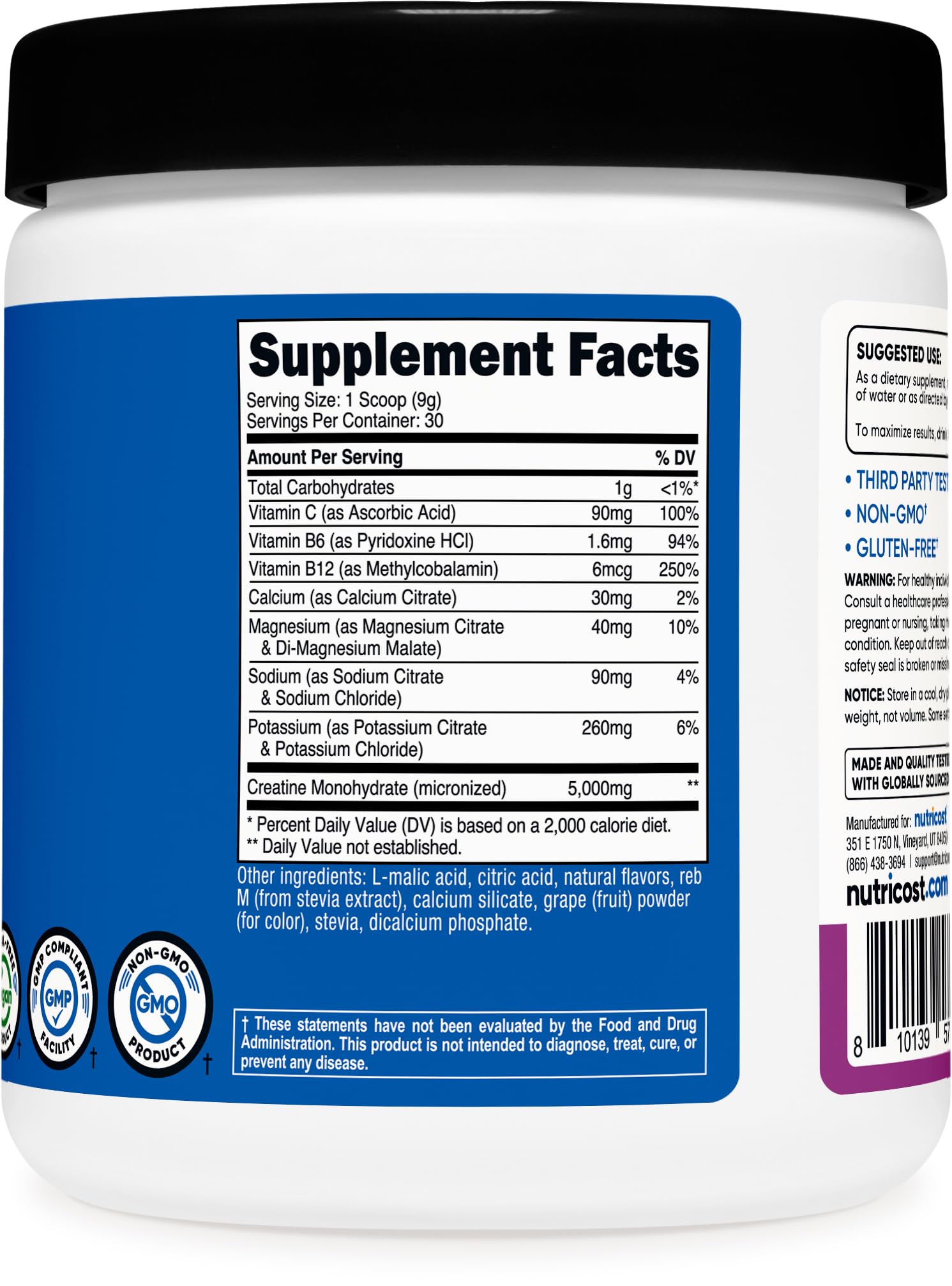 Nutricost Creatine Monohydrate grape flavour supplement facts