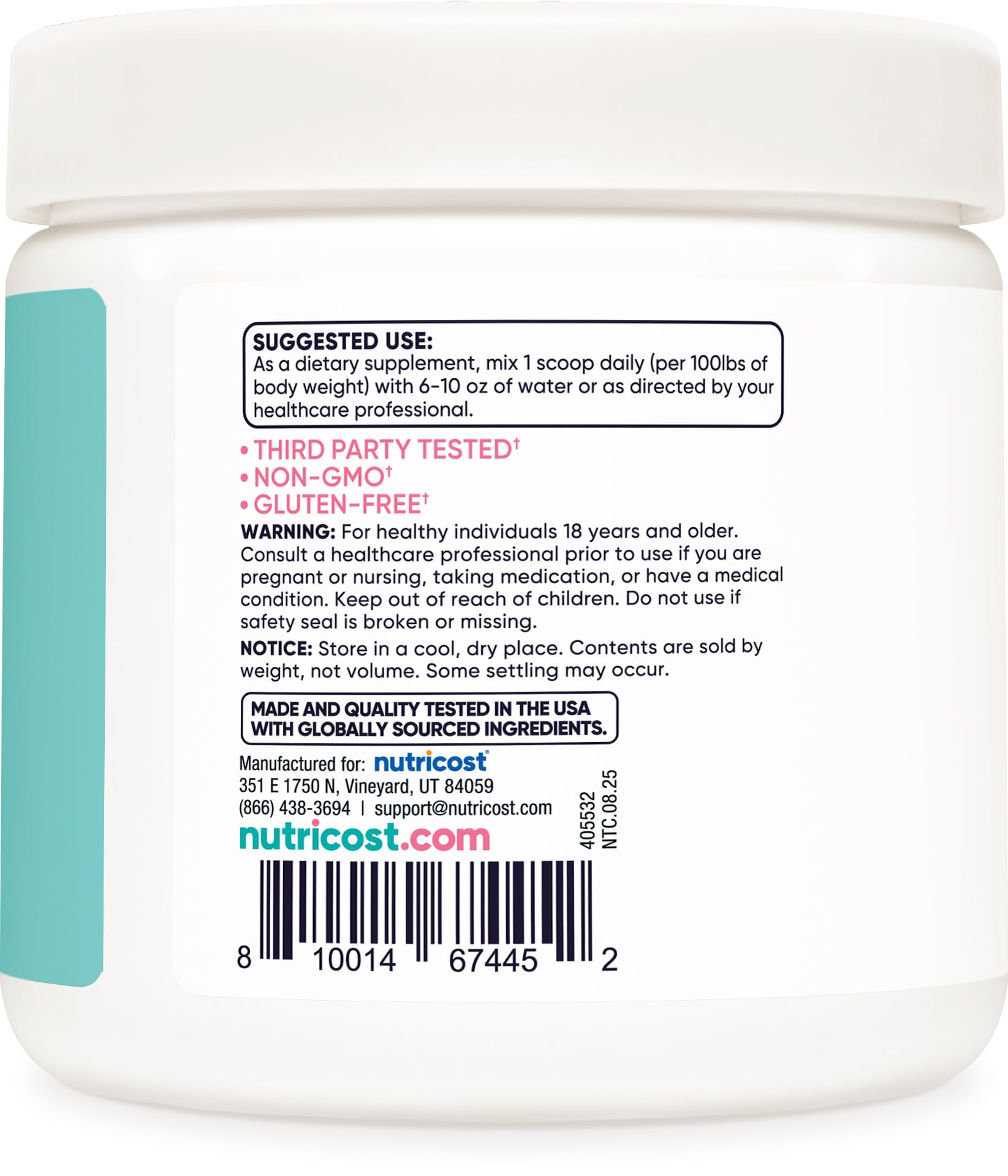 Nutricost Creatine Monohydrate Powder back view with nutritional information