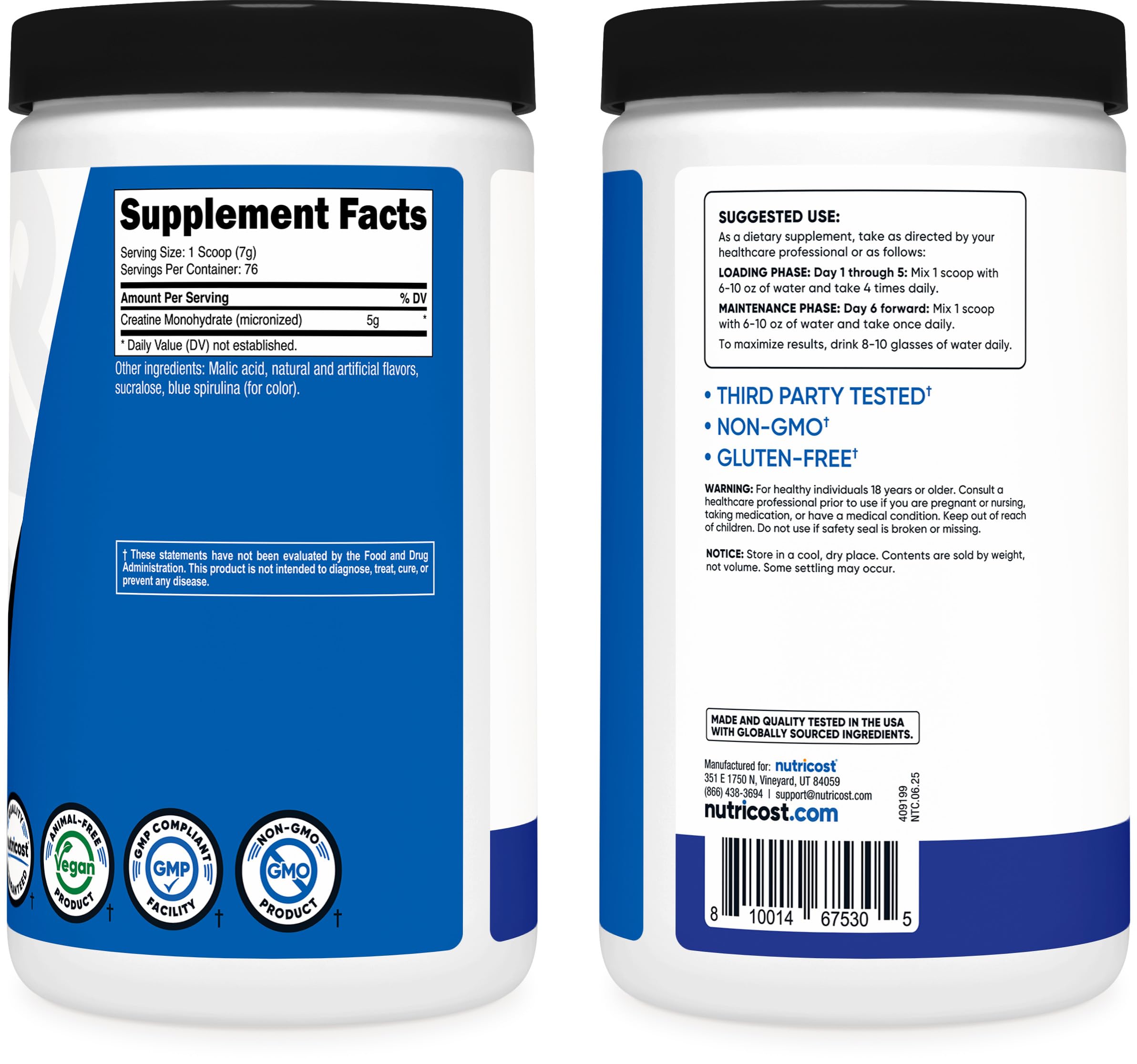 Nutricost Creatine Monohydrate with measuring scoop on a table