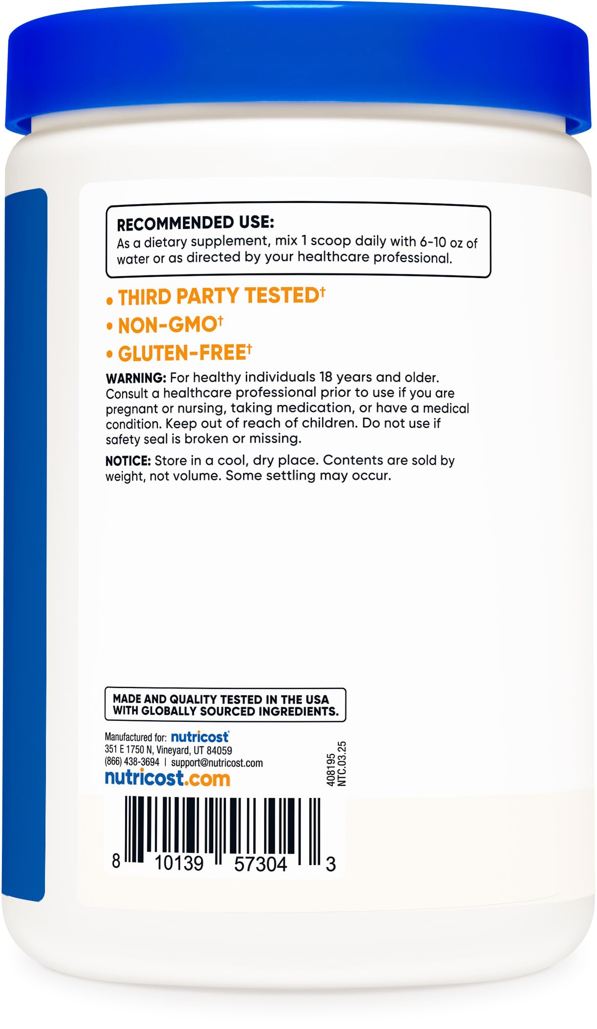 Nutricost D-Mannose Powder 250g nutrition label