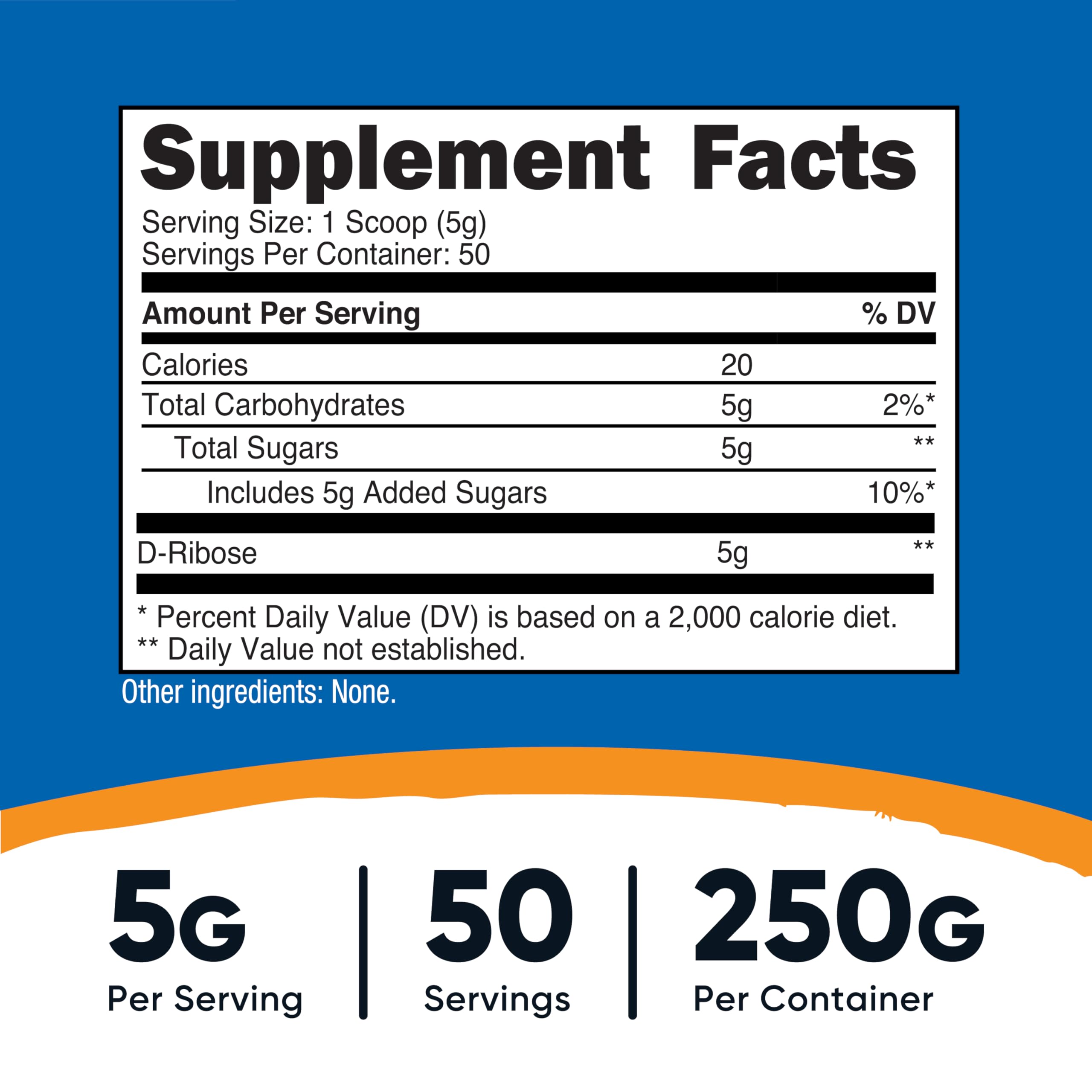 Nutricost D-Ribose Powder 250g back view with nutritional information