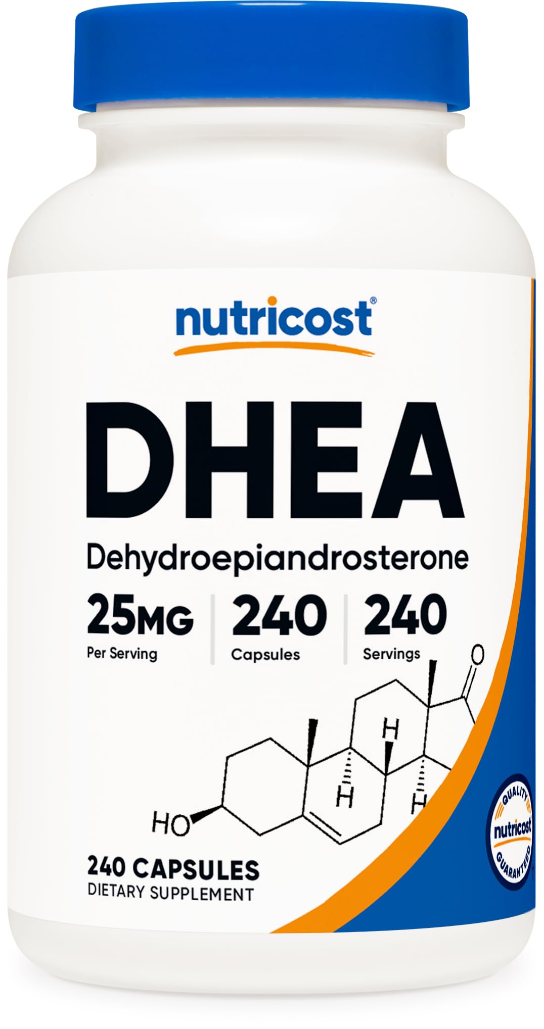 Nutricost DHEA 25mg Capsules front view with 240 count