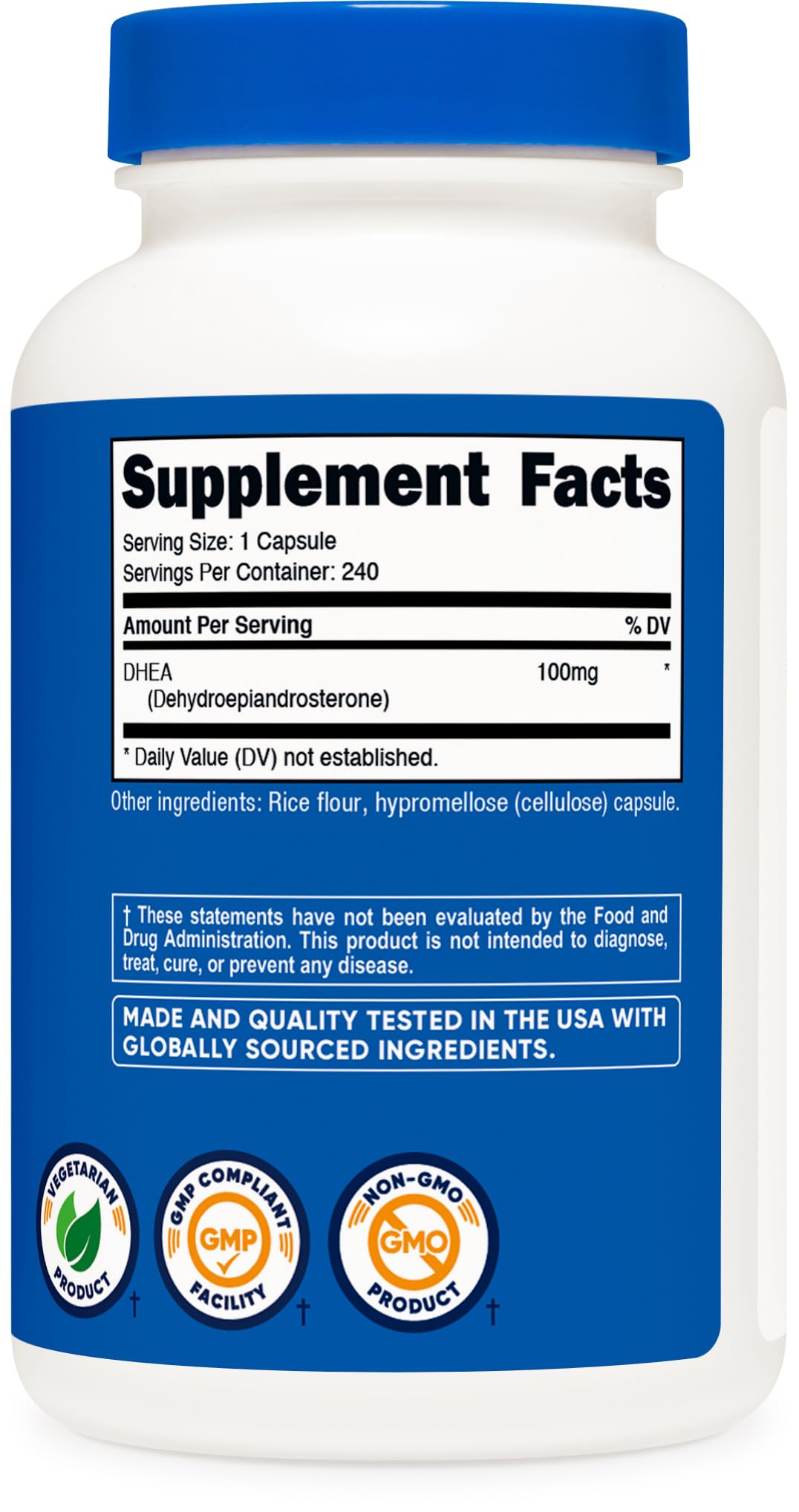 Nutricost DHEA Capsules 100mg bottle with a measuring spoon