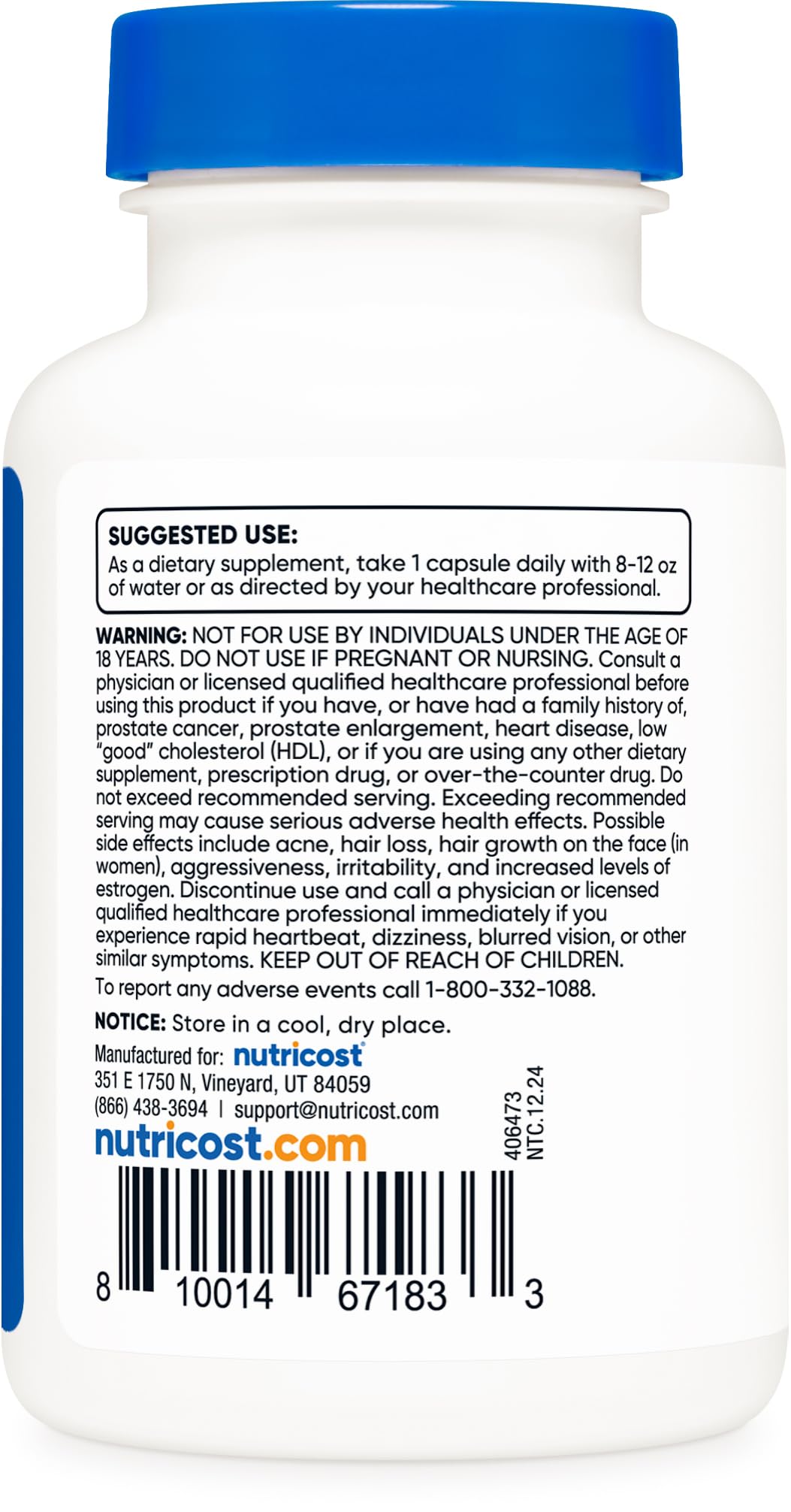 Nutricost DHEA Capsules 100mg side view of bottle