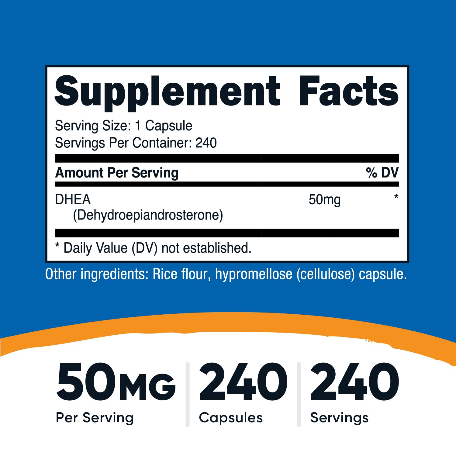Nutricost DHEA Capsules 50mg side view showing capsule count