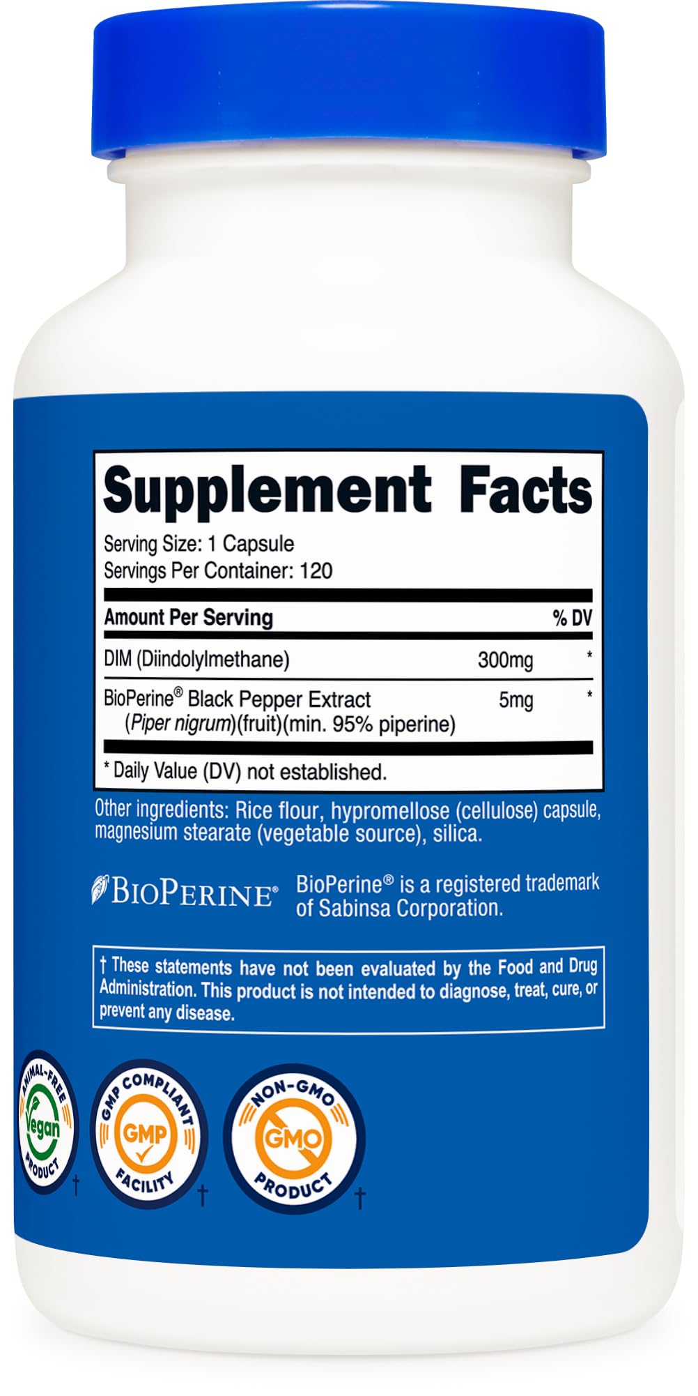 Nutricost DIM nutritional information on the back of the bottle
