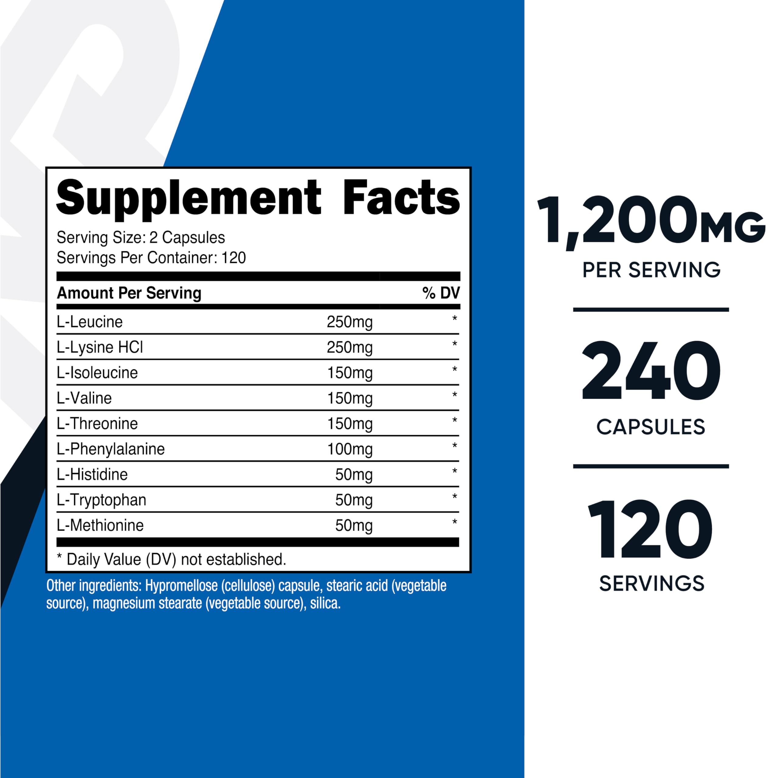 Nutricost EAA Capsules 1200mg side view with label