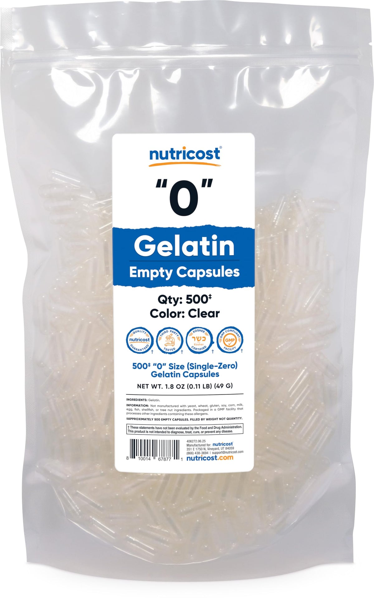 Nutricost Empty Gelatin Capsules 500 Count front view