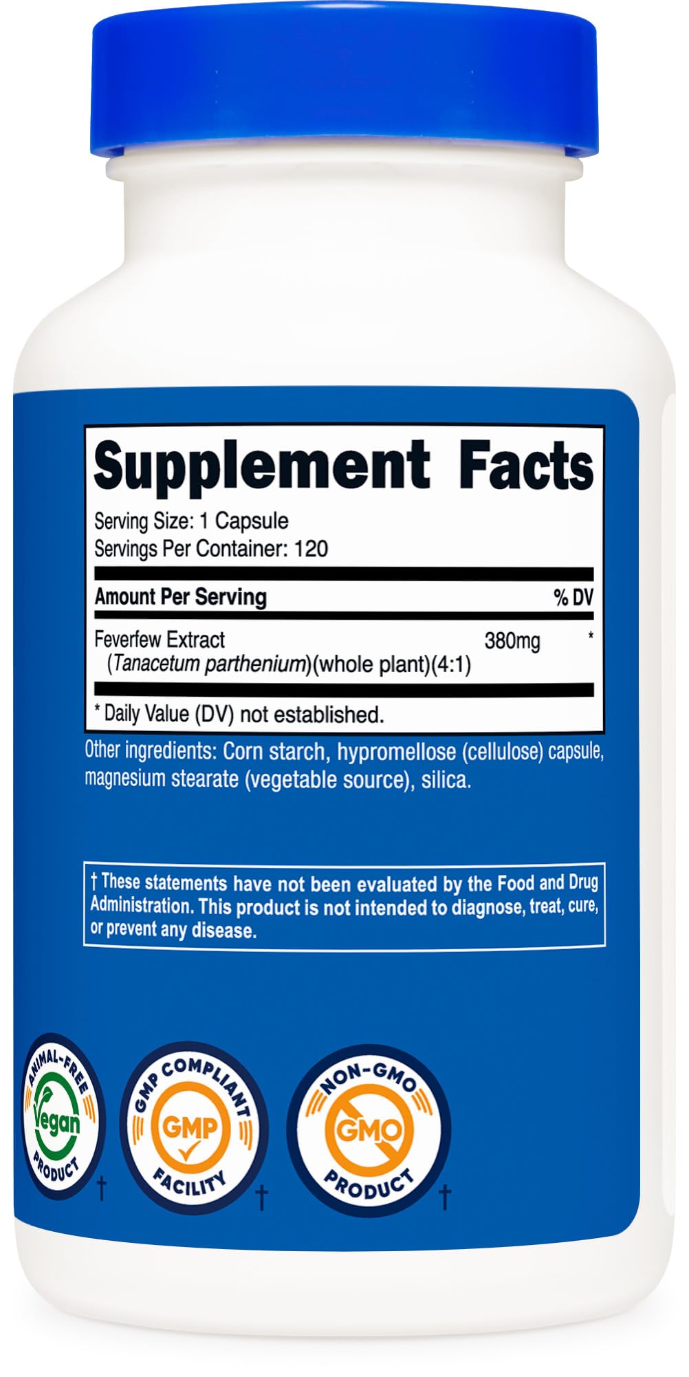 Nutricost Feverfew Supplement 380mg bottle with capsules on a table