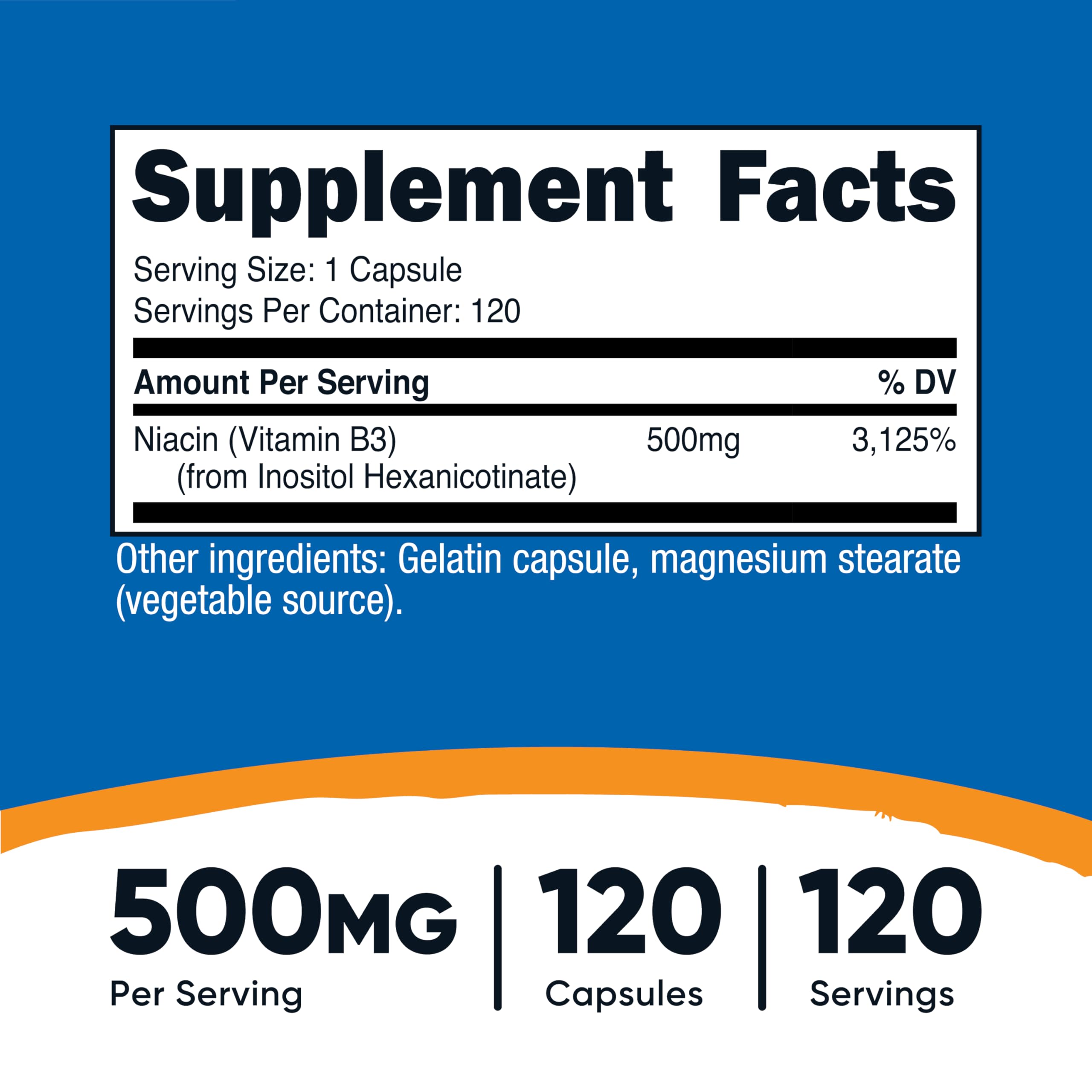 Nutricost Flush-Free Niacin 500mg capsules side view