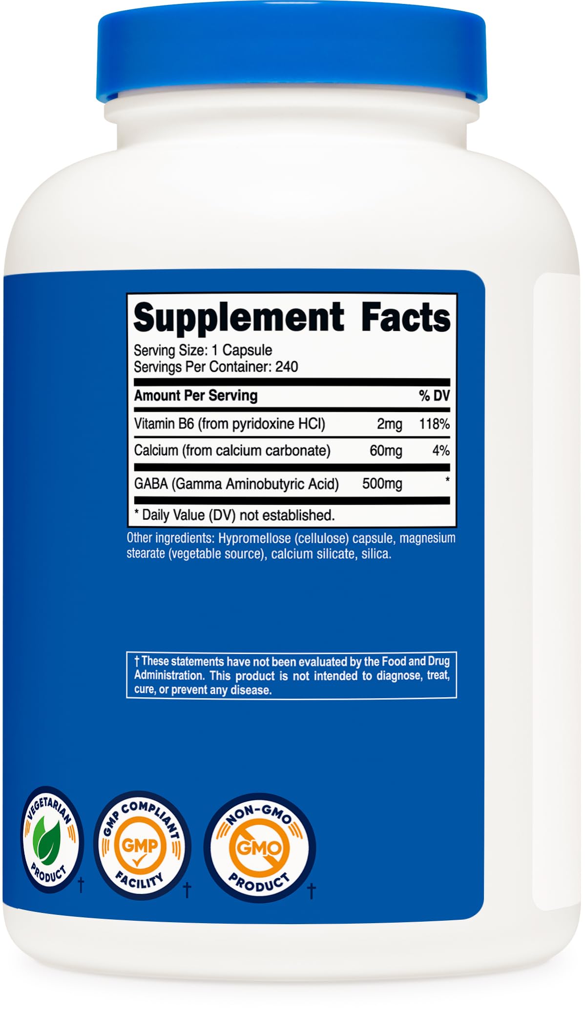 Nutricost GABA 500mg 240 Veggie Capsules on wooden table