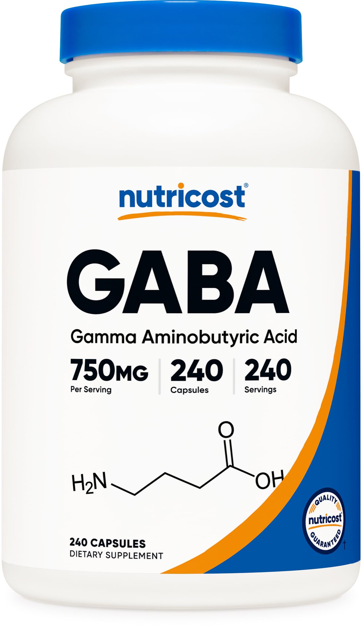 Nutricost GABA 750mg supplement front view with 240 capsules