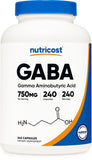 Nutricost GABA 750mg supplement front view with 240 capsules