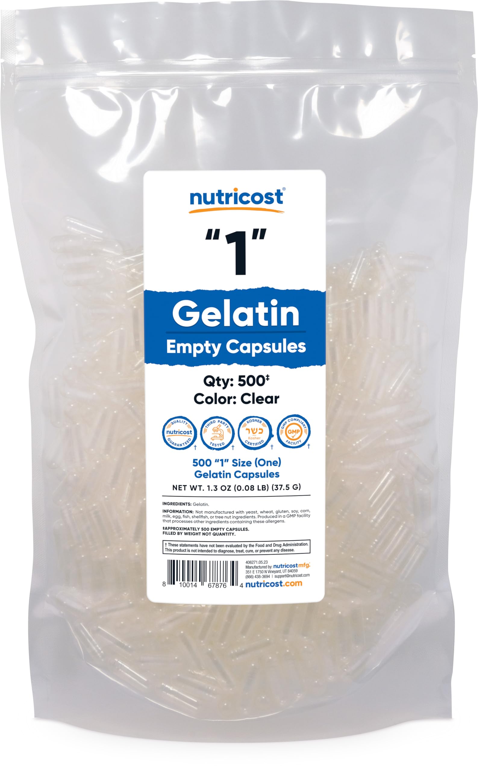 Nutricost Gelatin Size 1 Empty Capsules front view with packaging